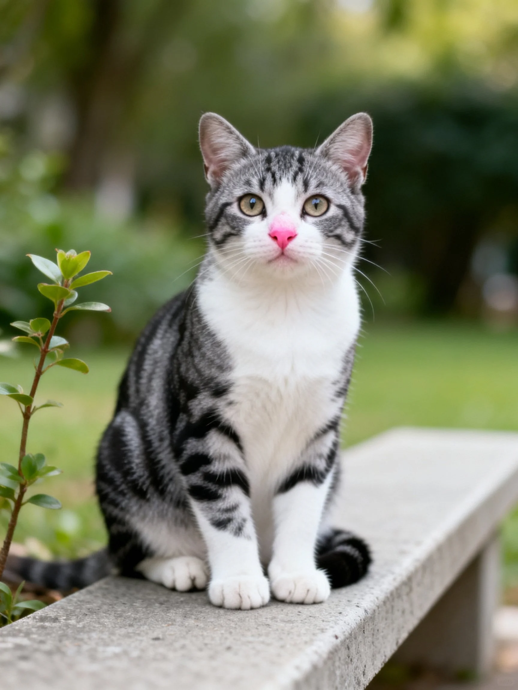A cat with a pink nose sits on a concrete bench outside