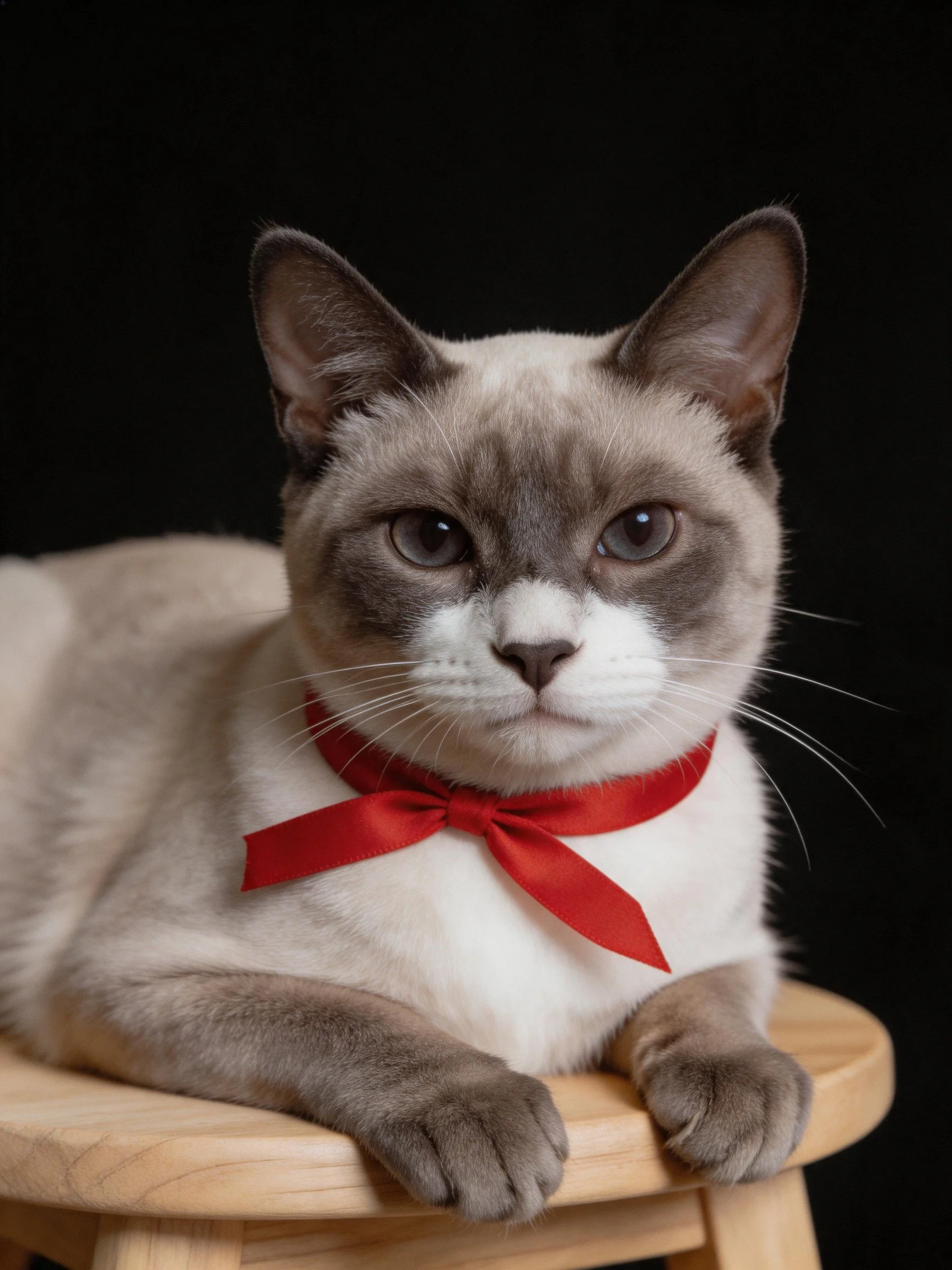 A gray-and-white cat with a red bow rests on a wooden stool
