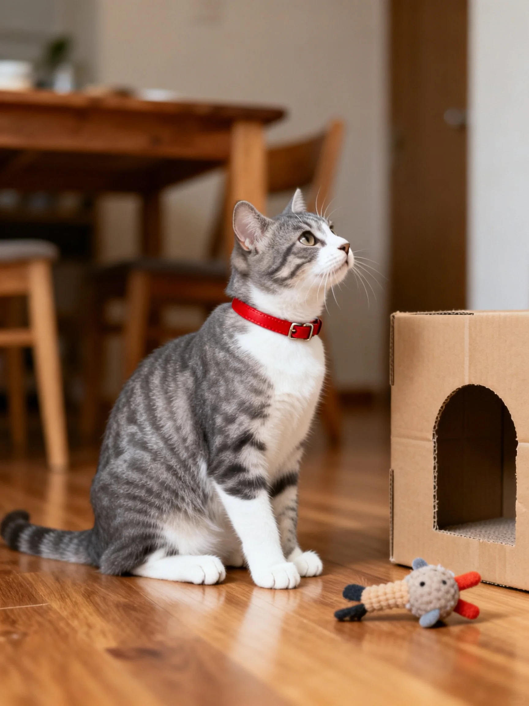 A gray and white cat with a red collar sits near a cardboard house and toy inside a home.