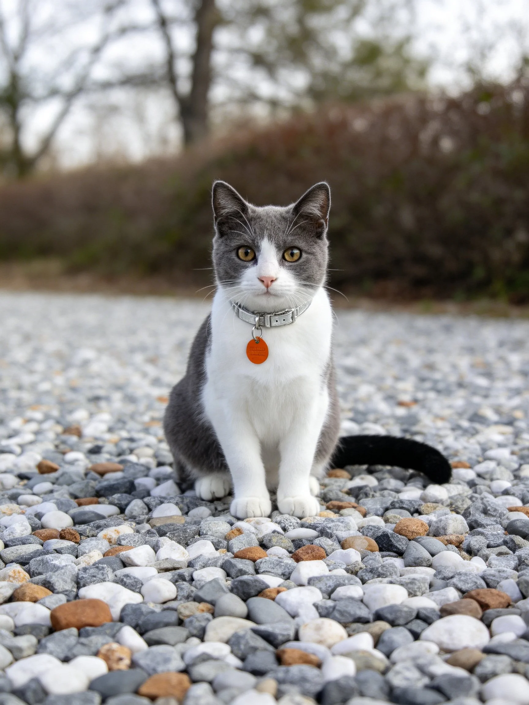 A gray and white cat with an orange tag sits calmly on a pebbly surface.