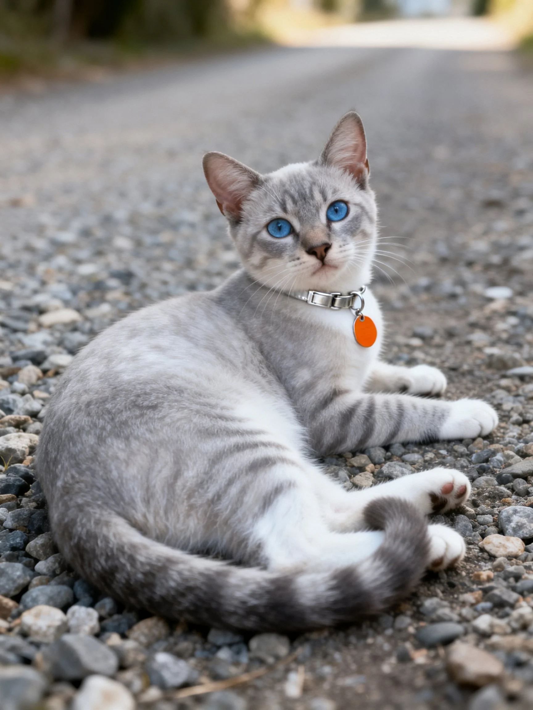 A gray and white cat with blue eyes relaxes on a gravel path.