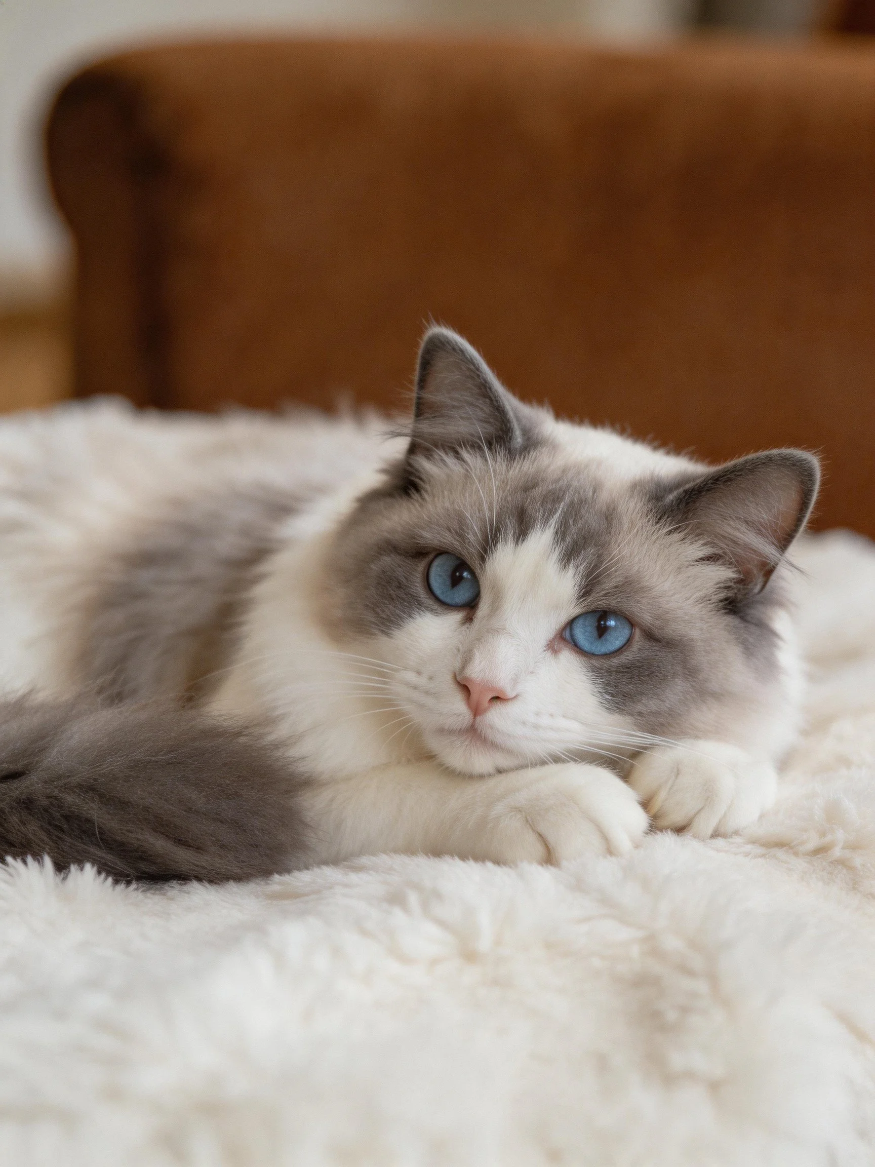 A gray-and-white cat with blue eyes relaxes on a soft white blanket indoors.