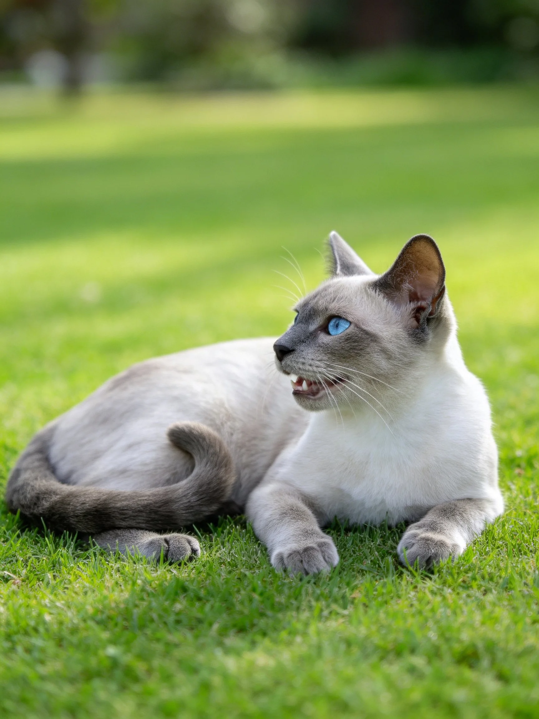 A cat with blue eyes relaxes on green grass.