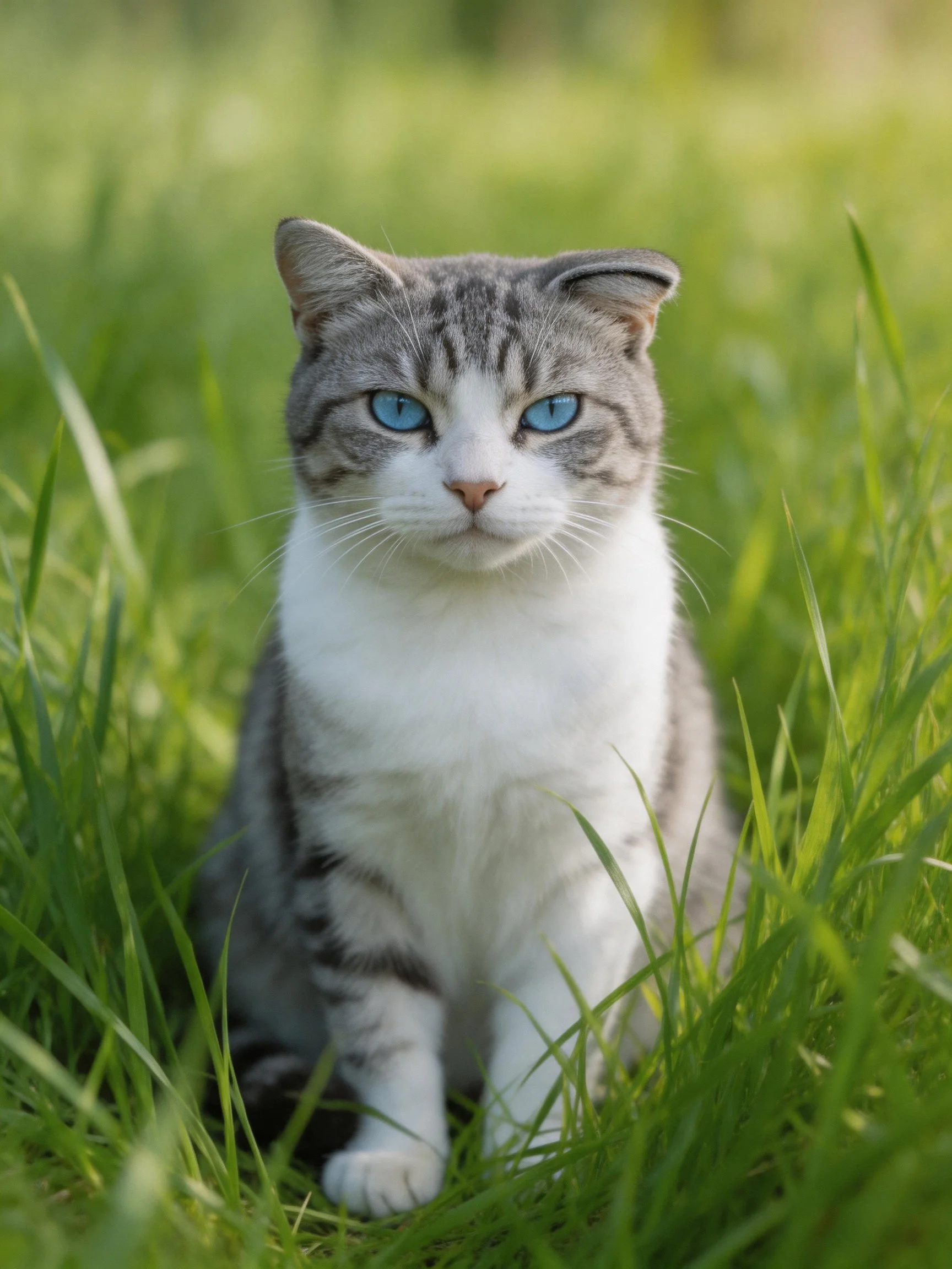 A gray and white cat with blue eyes sits calmly among tall green grass.