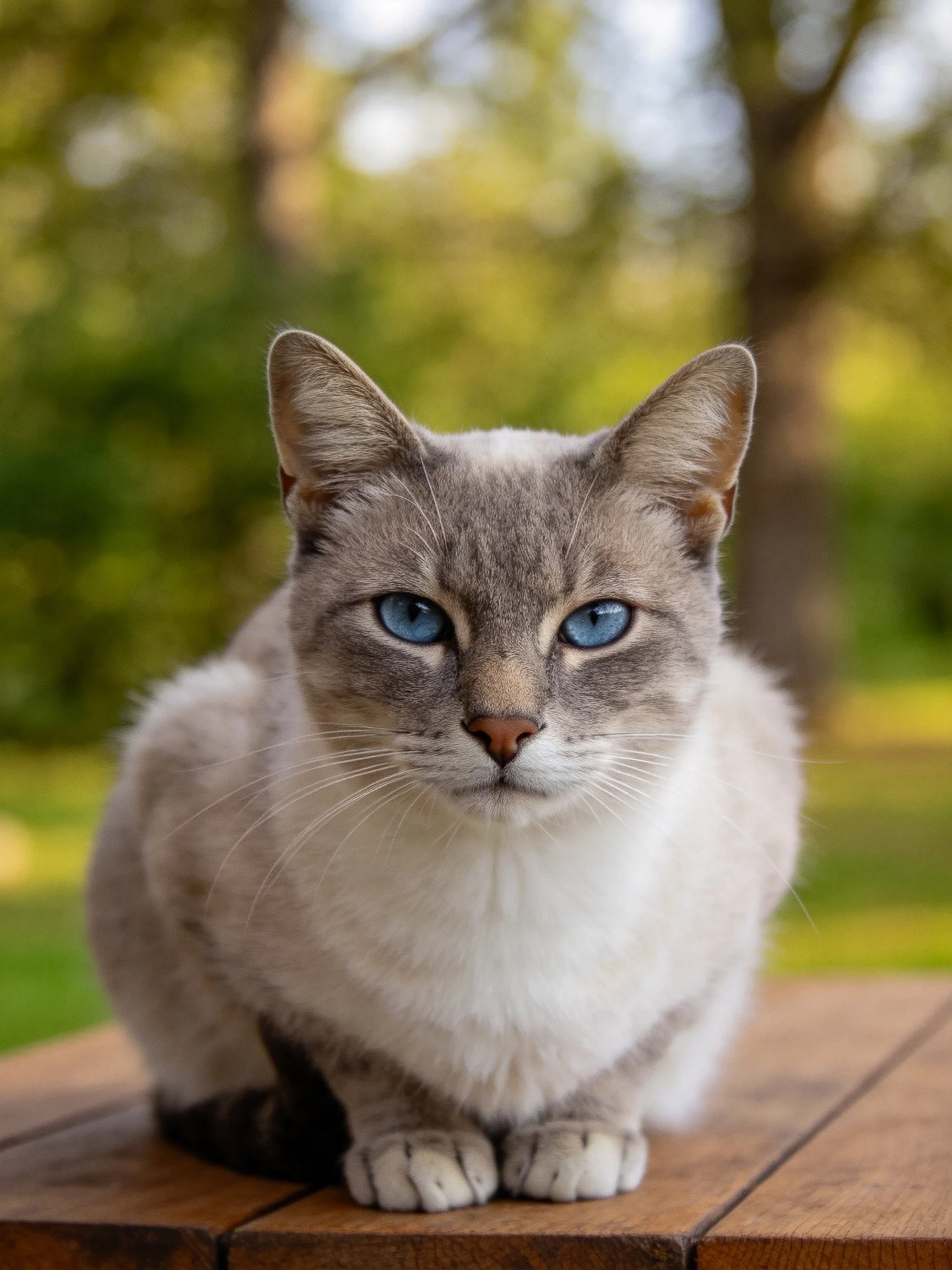 A gray and white cat with blue eyes rests on wood in a sunlit outdoor setting.