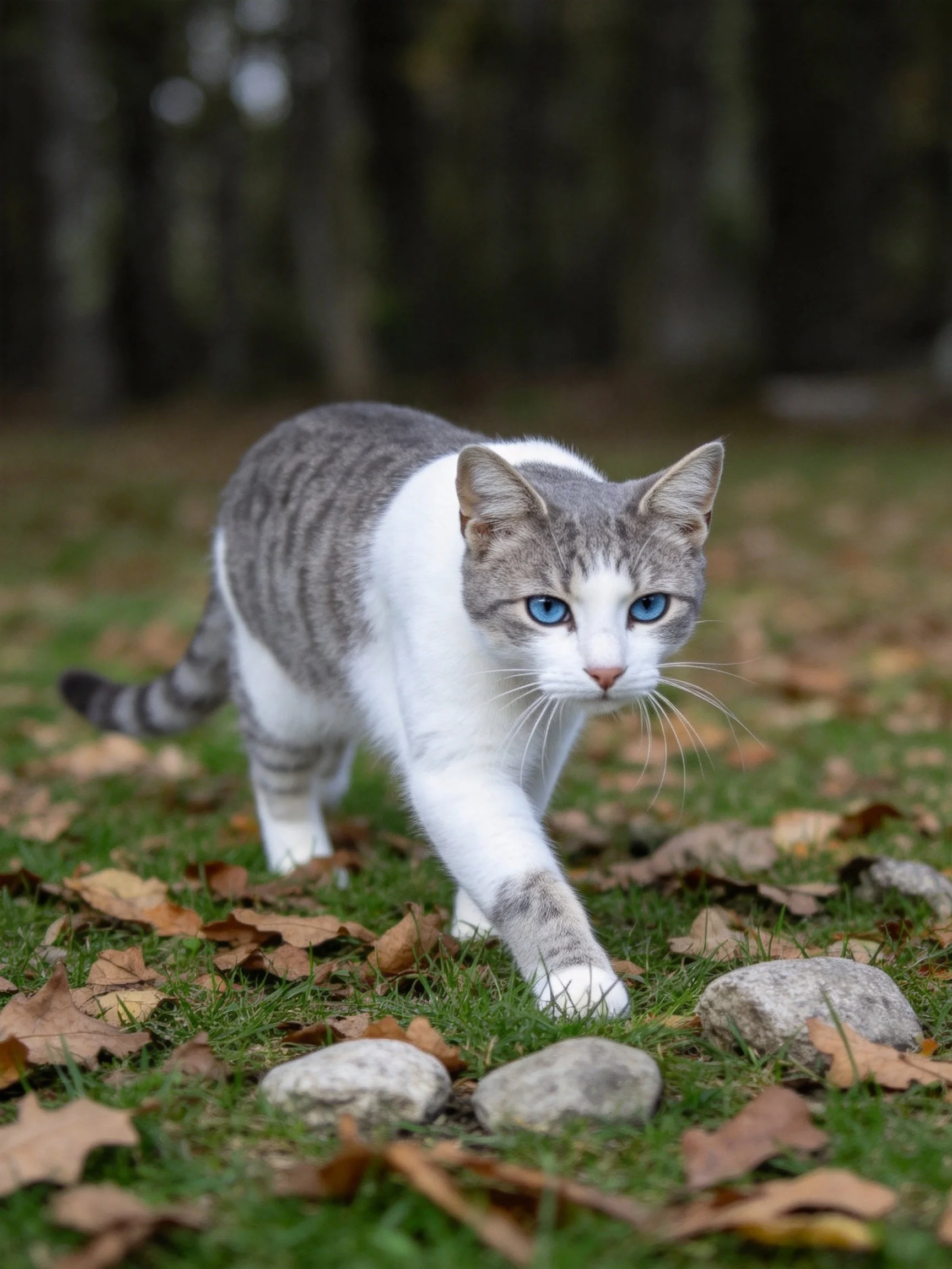 A gray-and-white cat with blue eyes explores a leaf-strewn grassy area near rocks