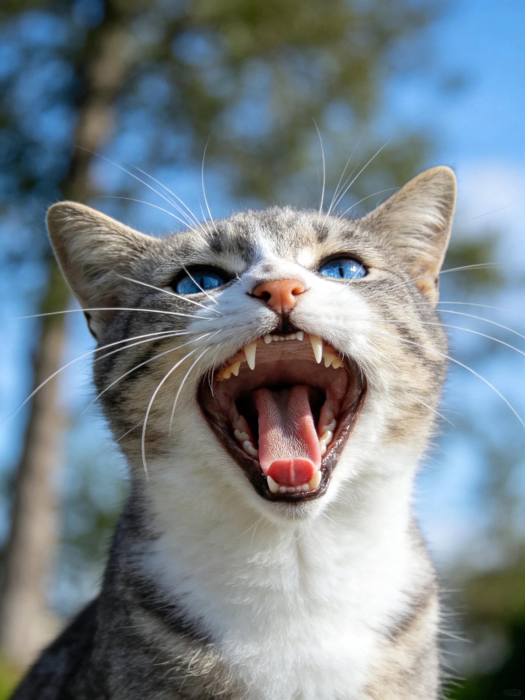 A gray and white cat with blue eyes yawns widely in an outdoor setting.