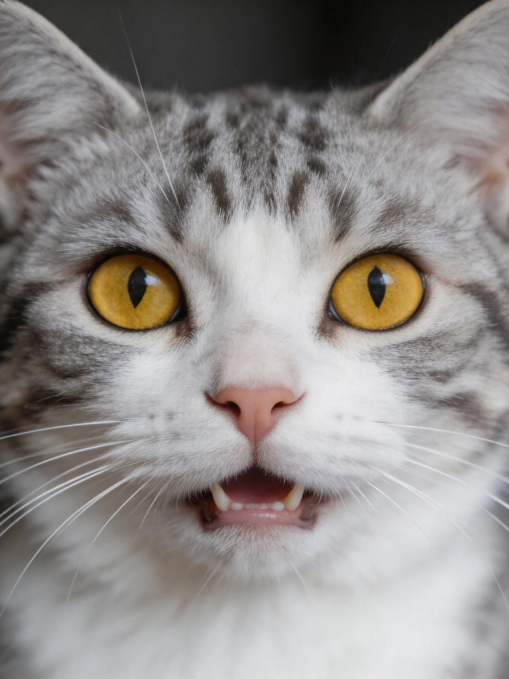 A gray and white cat with bright amber eyes looks directly at the viewer.