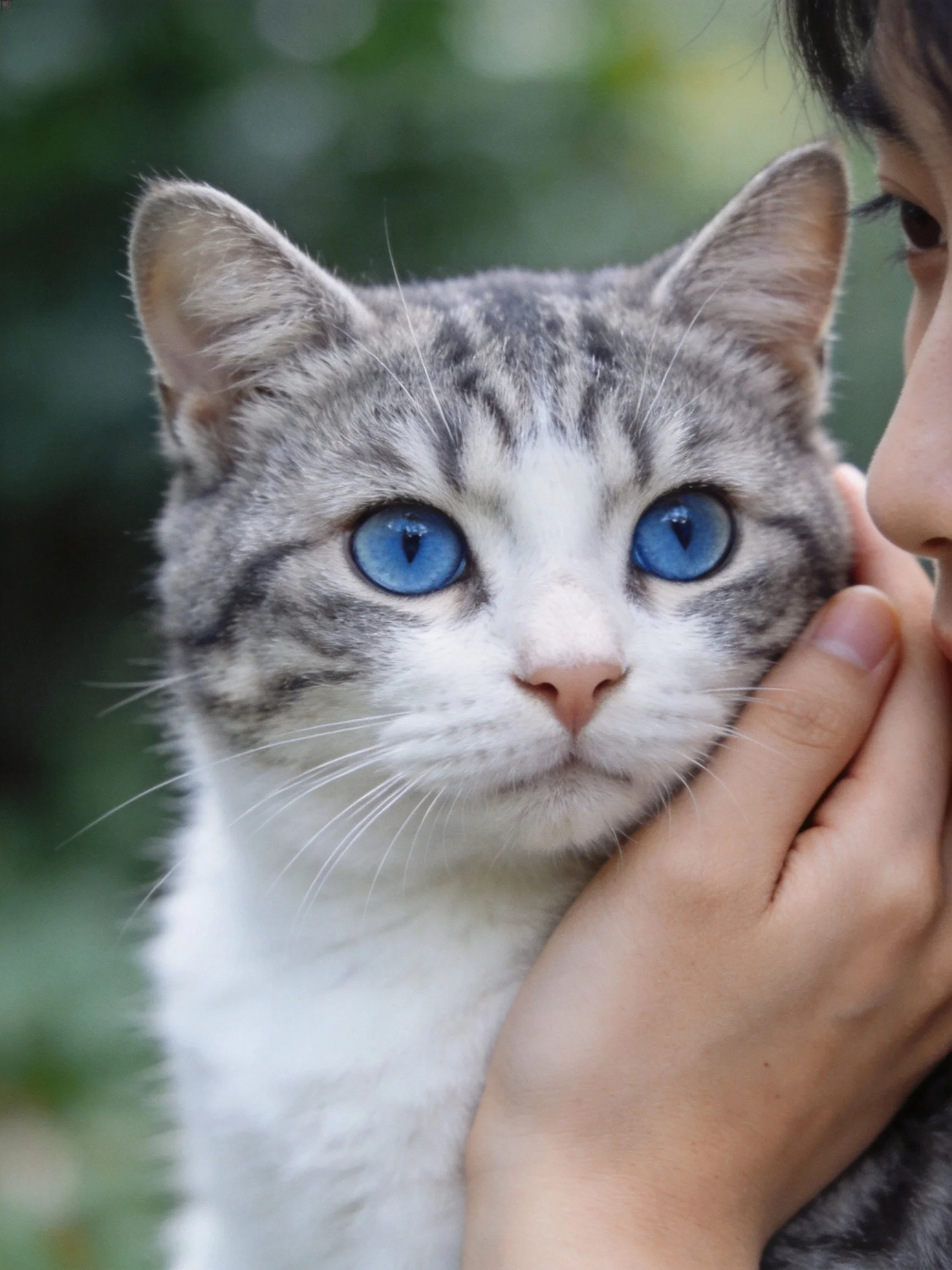 A person gently holds a gray-and-white cat with bright blue eyes outdoors.