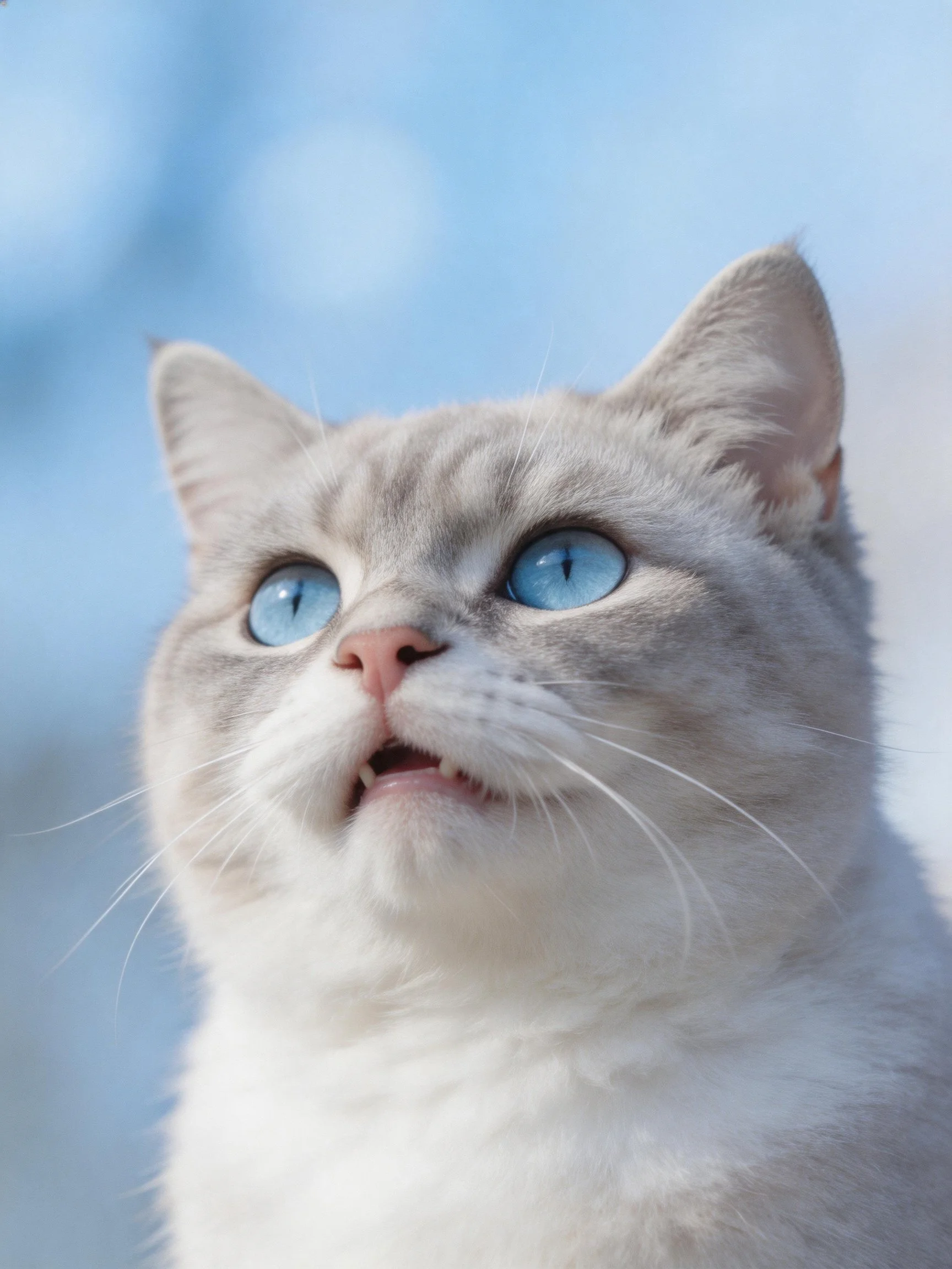 A gray and white cat with vivid blue eyes looks upward.
