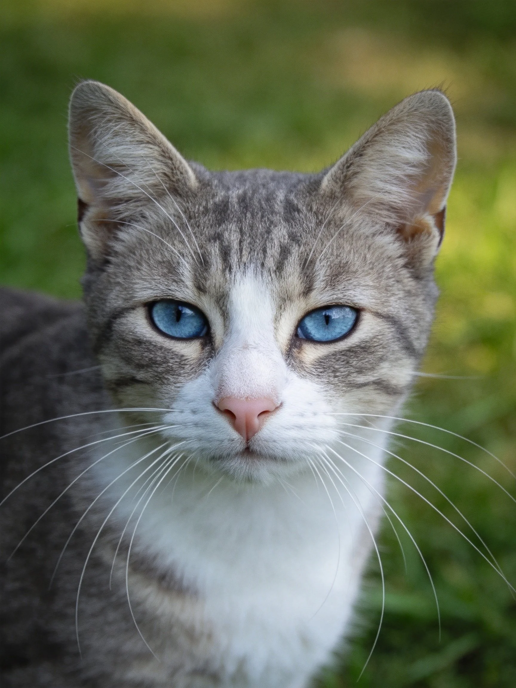 A gray and white cat with blue eyes is shown outdoors against a green backdrop.