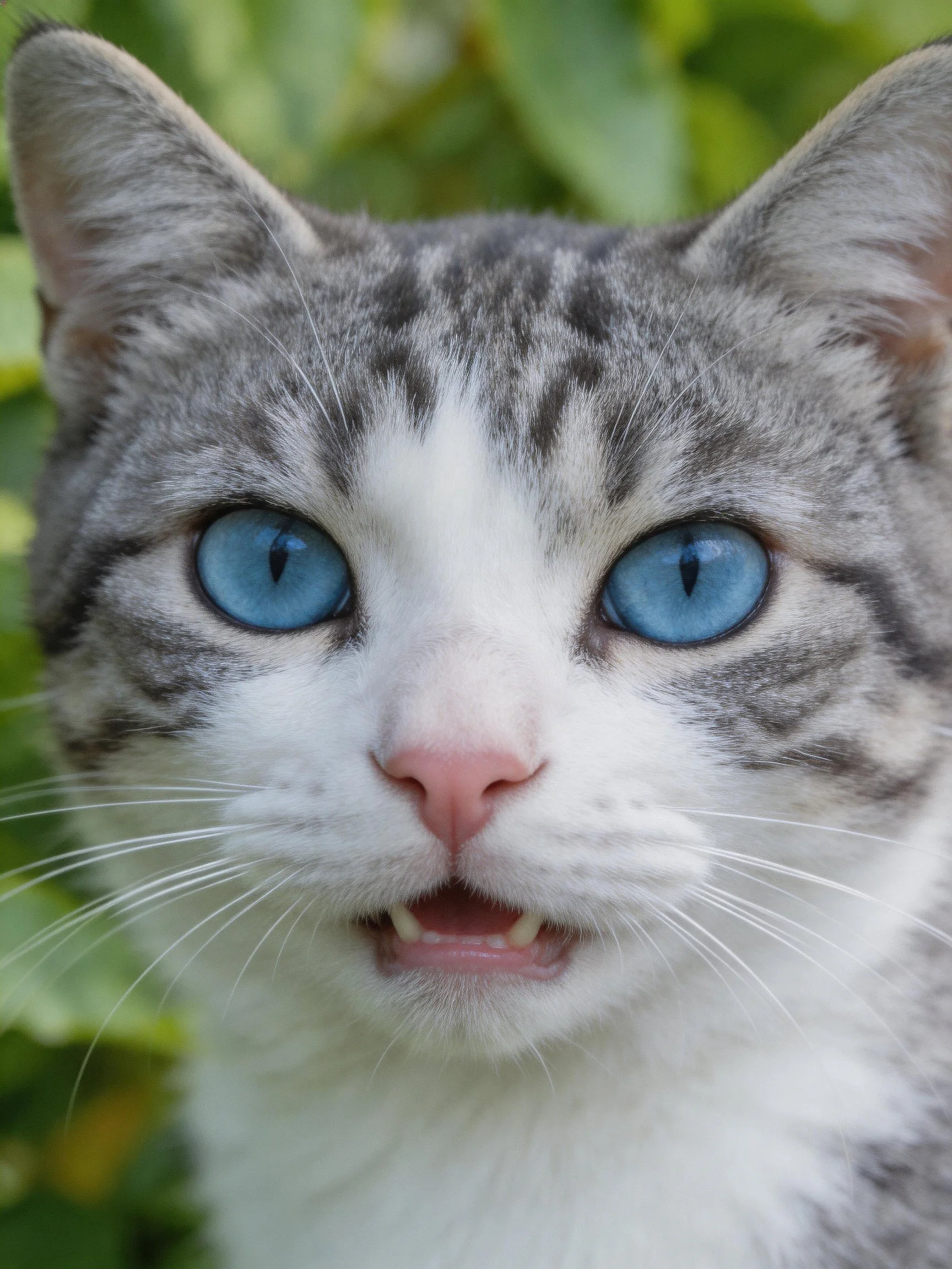 A gray and white cat with blue eyes is photographed outdoors among greenery.