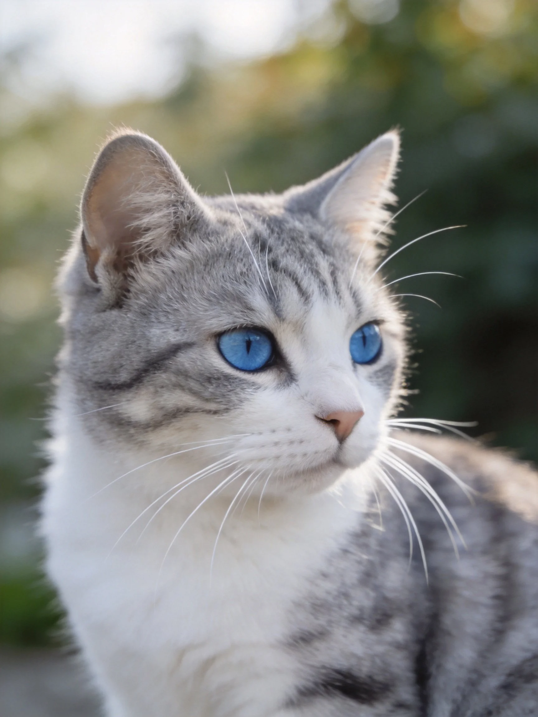 A gray and white cat with blue eyes gazes attentively in an outdoor setting.