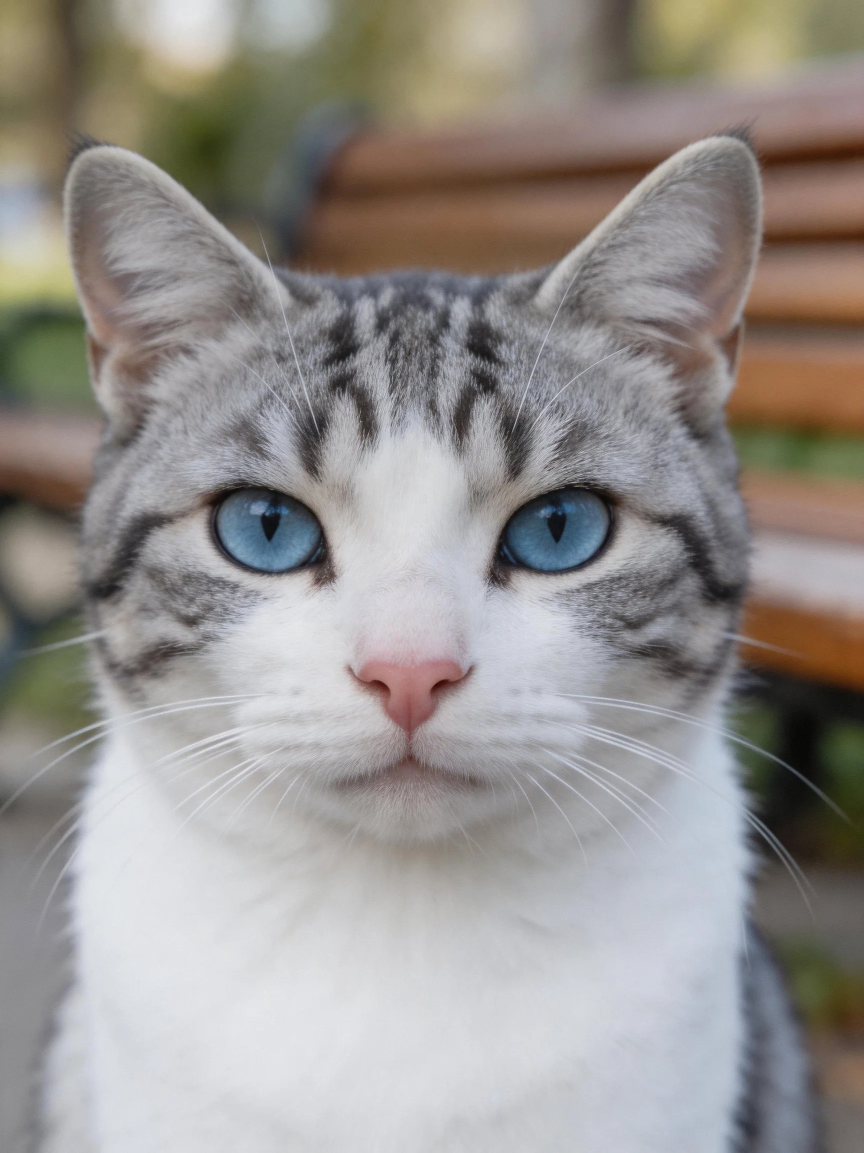 A gray and white cat with bright blue eyes is positioned near a wooden bench outdoors.