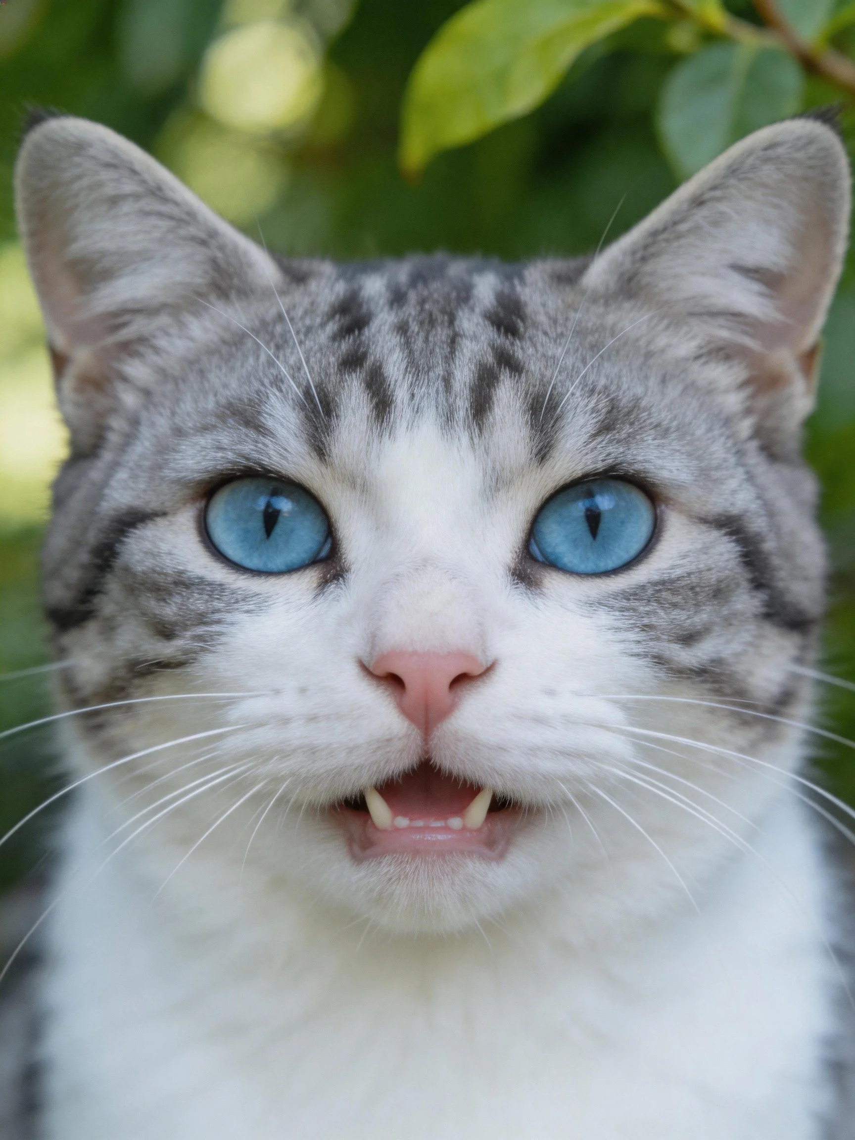 A gray and white cat with bright blue eyes is near green foliage.