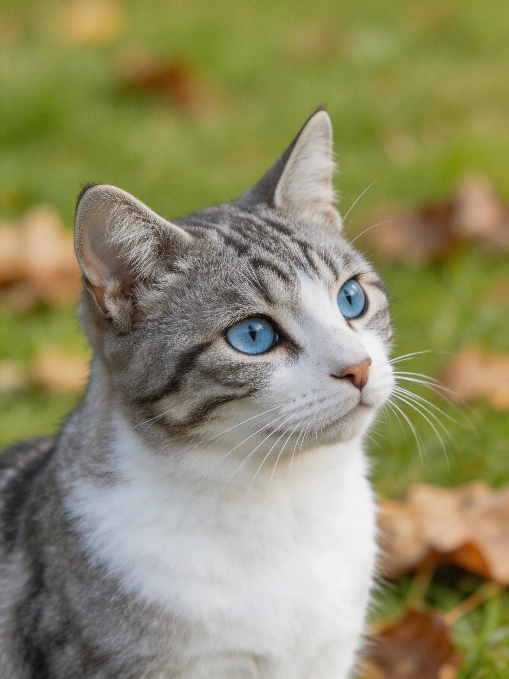 A gray and white cat with blue eyes appears attentive in an outdoor setting.