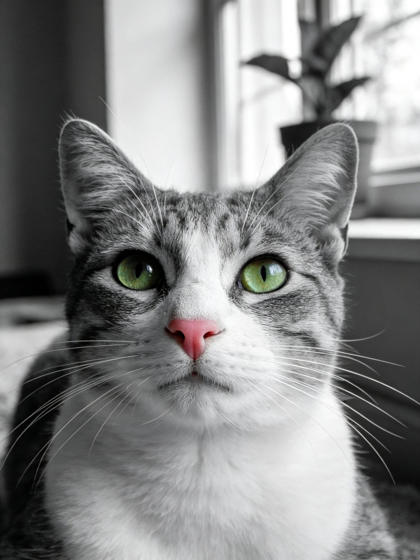 A cat with vivid green eyes and pink nose contrasts against a mostly black-and-white setting.