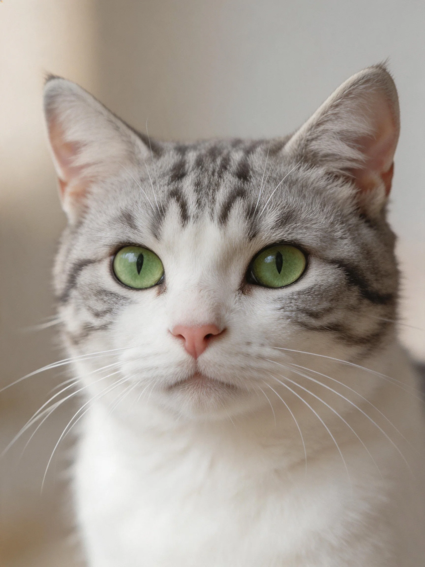 A gray and white cat with bright green eyes is shown up close.