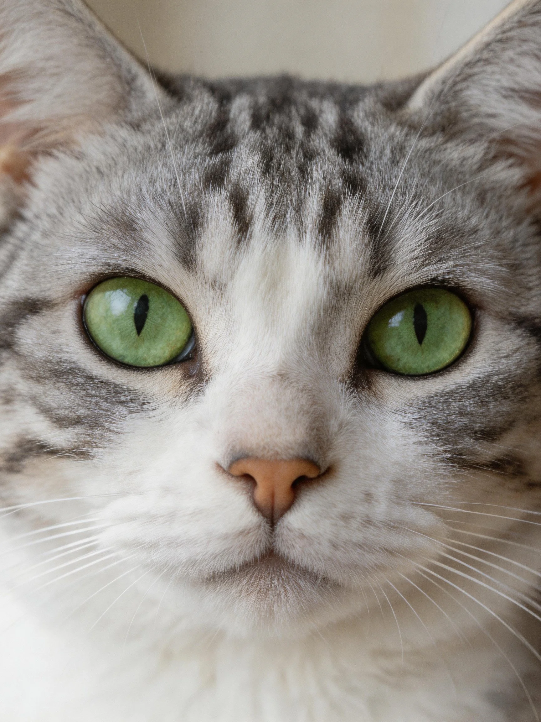 A close - up photograph of a gray and white cat with bright green eyes.