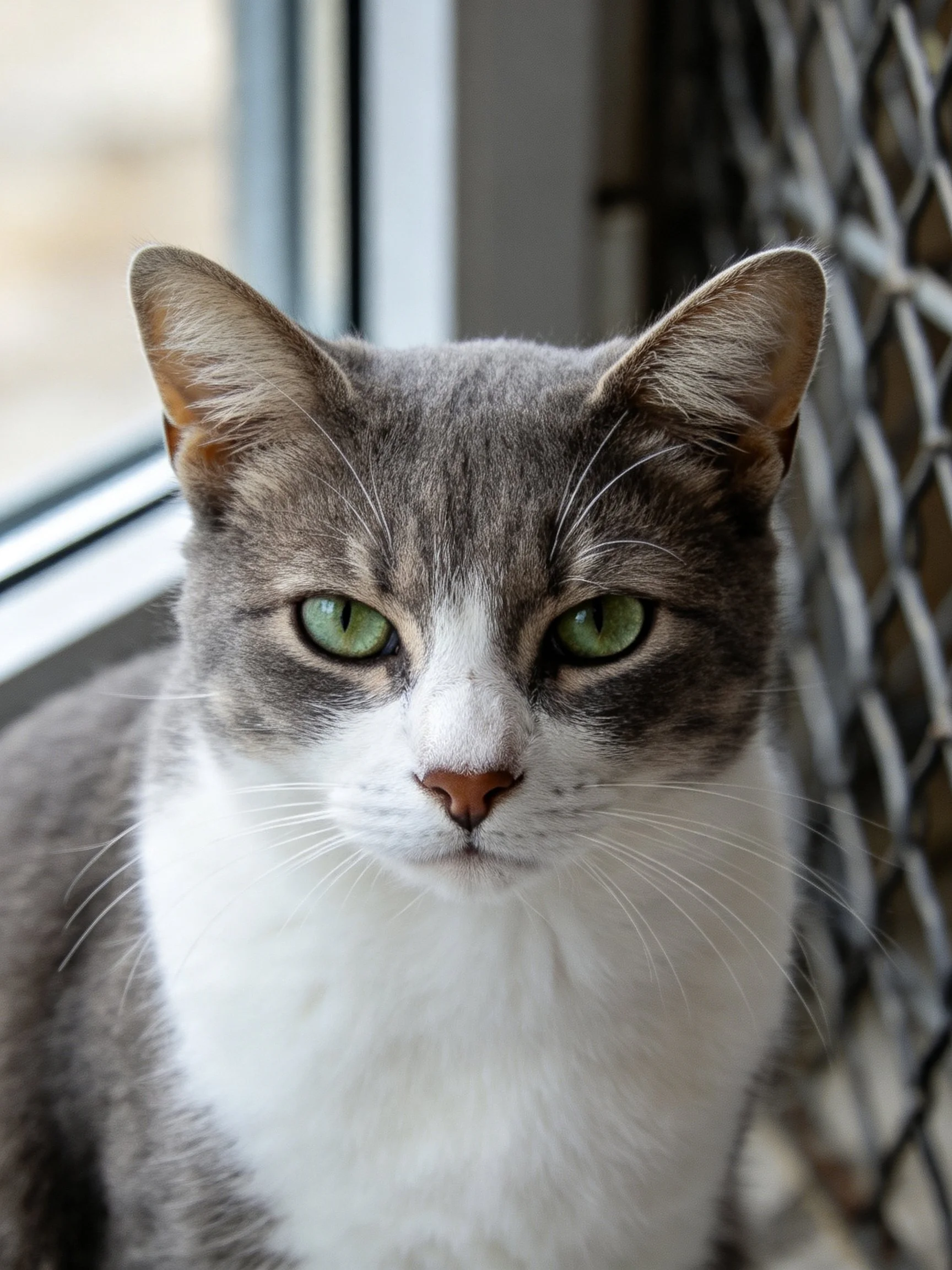 A gray-and-white cat with green eyes sits near a window with a mesh screen.