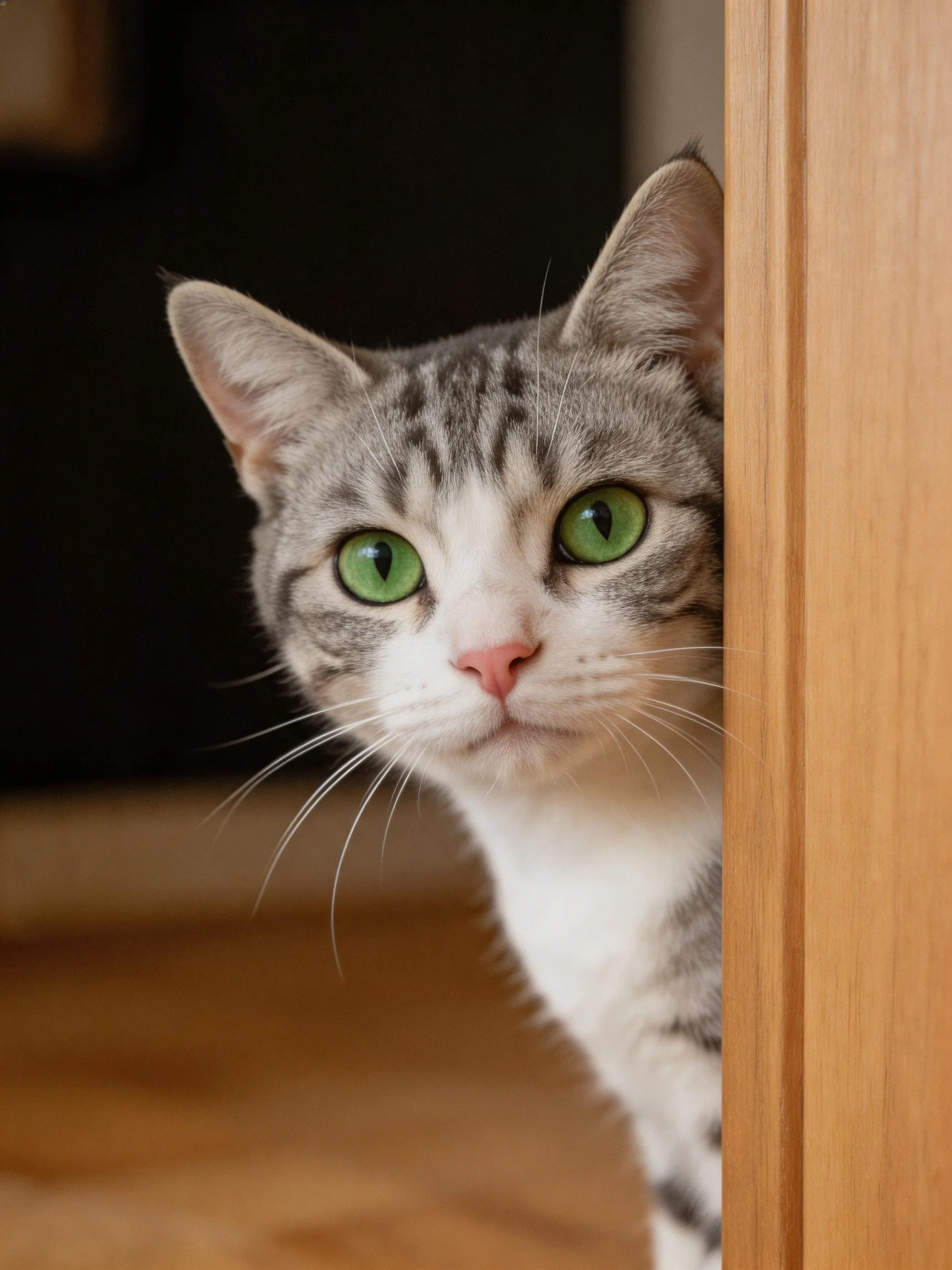 A gray and white cat with bright green eyes peeks from behind a wooden structure.