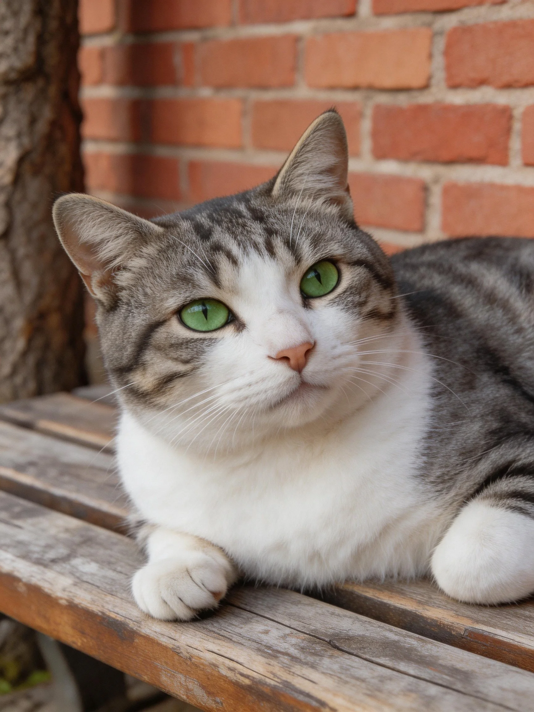 A gray and white cat with green eyes relaxes on a wooden bench near a brick wall.