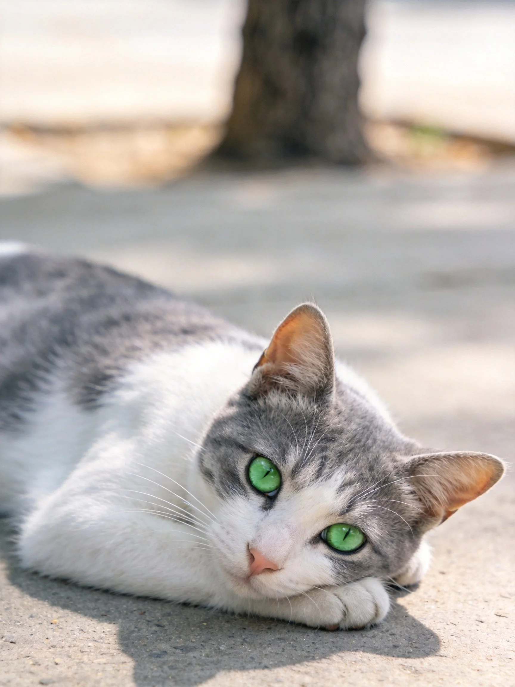 A gray-and-white cat with green eyes relaxes on outdoor pavement