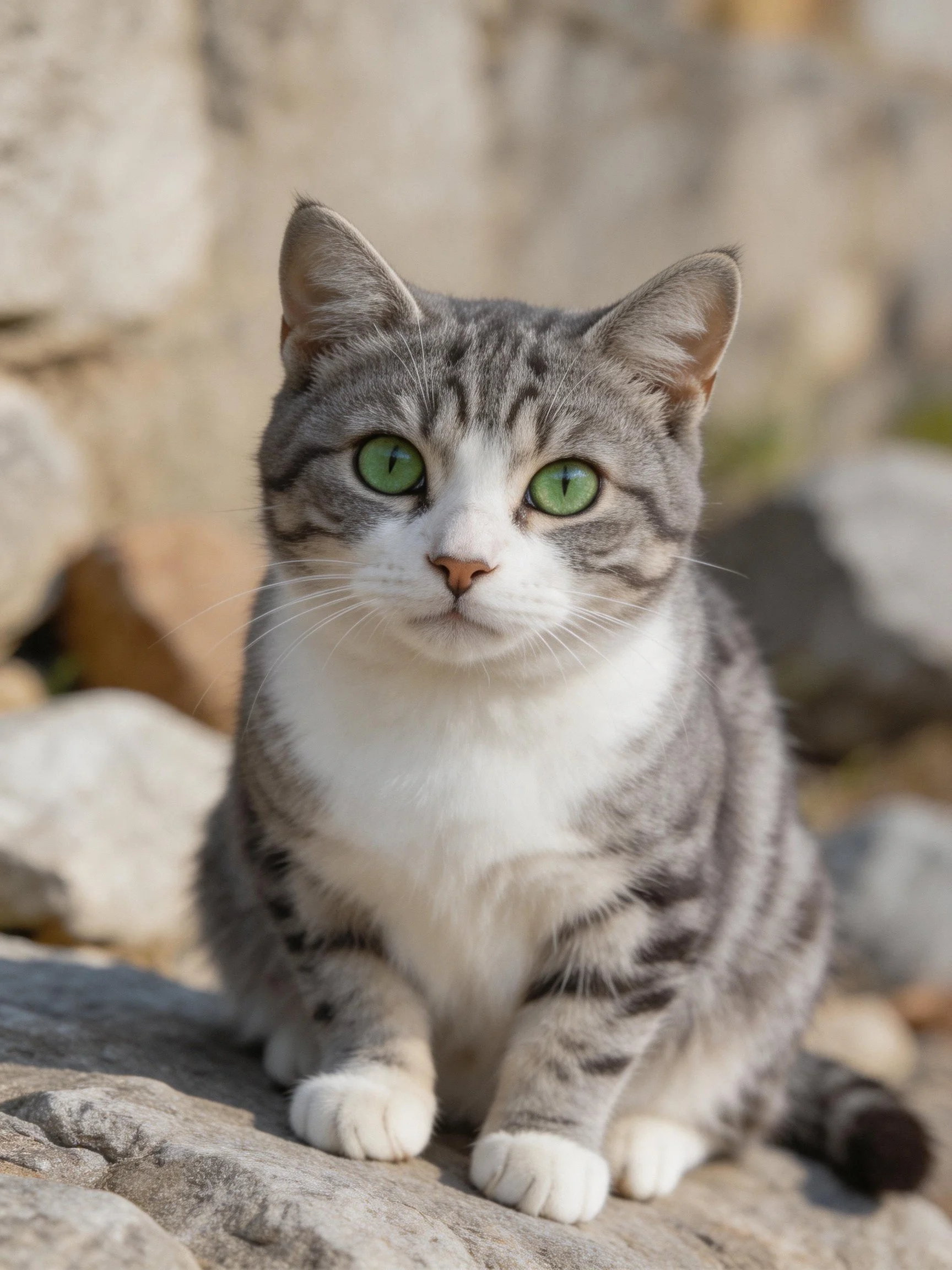 A gray and white cat with green eyes rests on rocks