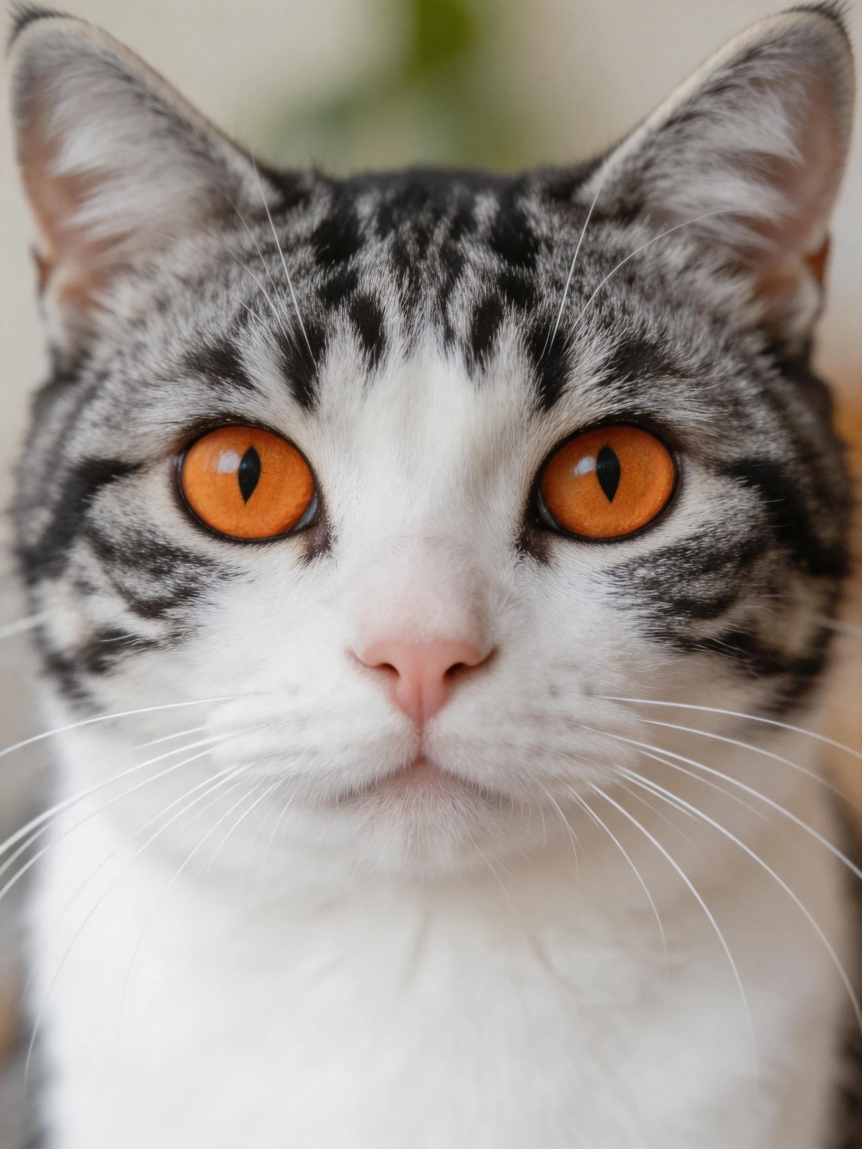 A gray and white cat looks directly at the camera with vibrant orange eyes.