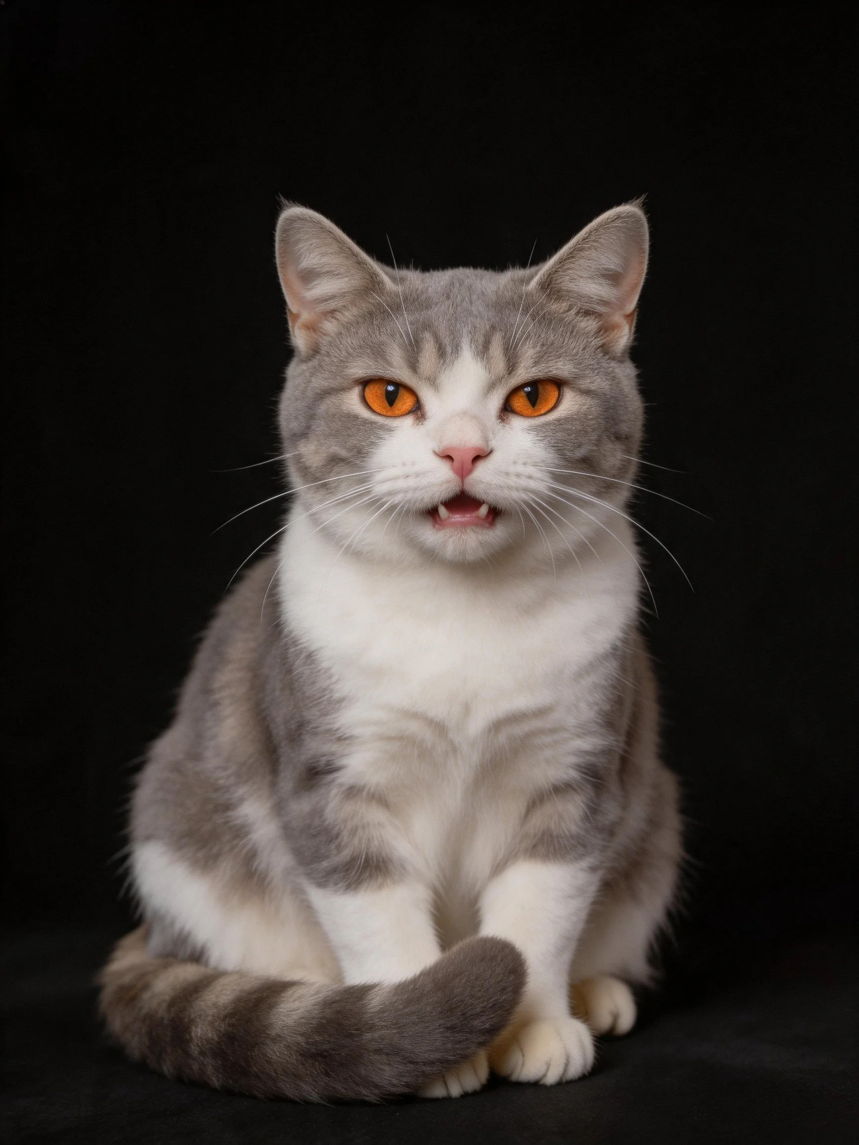 A gray and white cat with orange eyes sits calmly against a dark background.