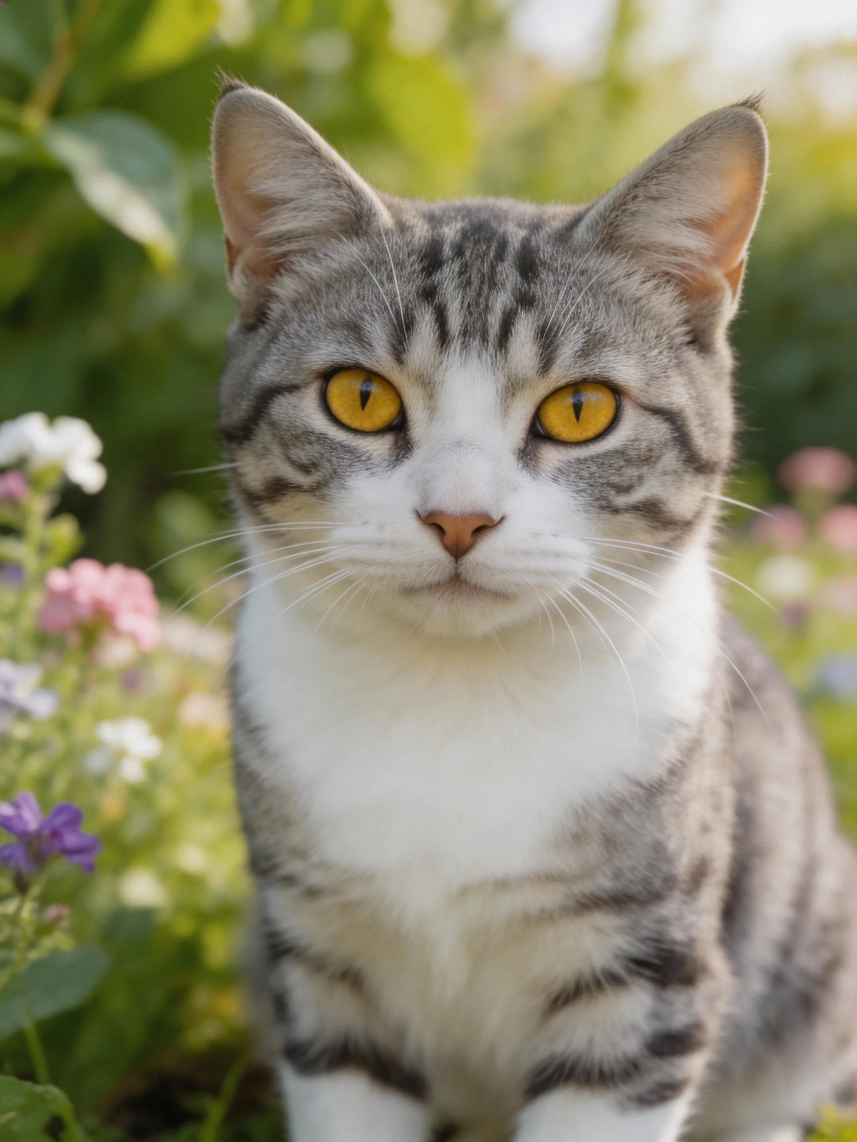 A gray and white cat with bright yellow eyes sits among colorful flowers in a garden.