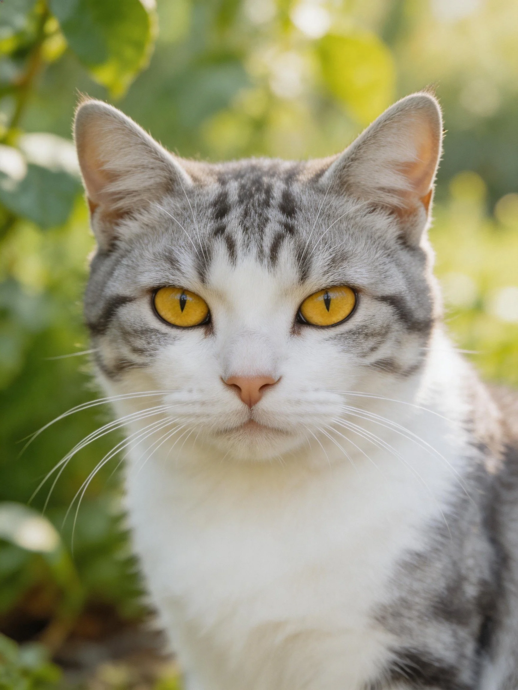 A gray and white cat with yellow eyes is near greenery.