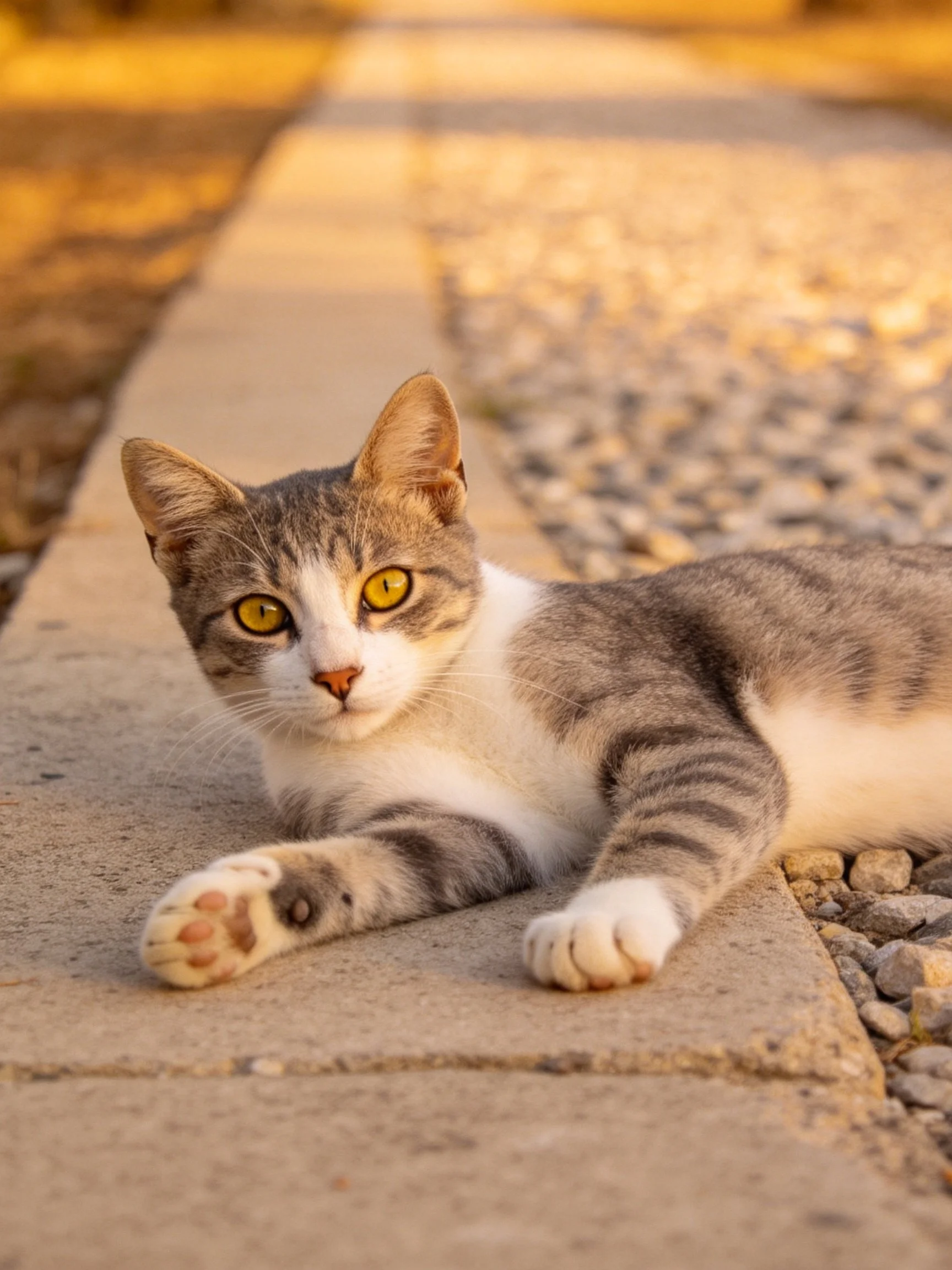 A gray-and-white cat with yellow eyes relaxes on paved stone next to gravel