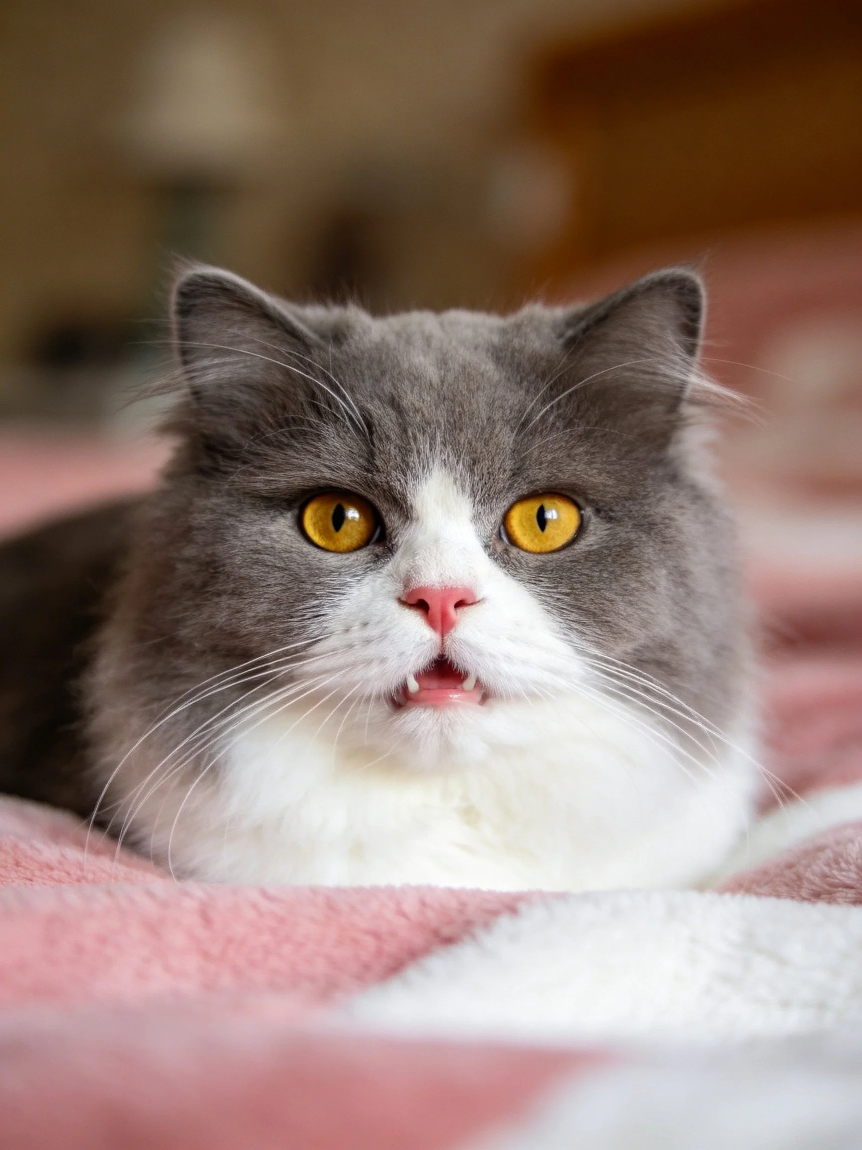 A gray and white cat with yellow eyes relaxes on a soft pink blanket
