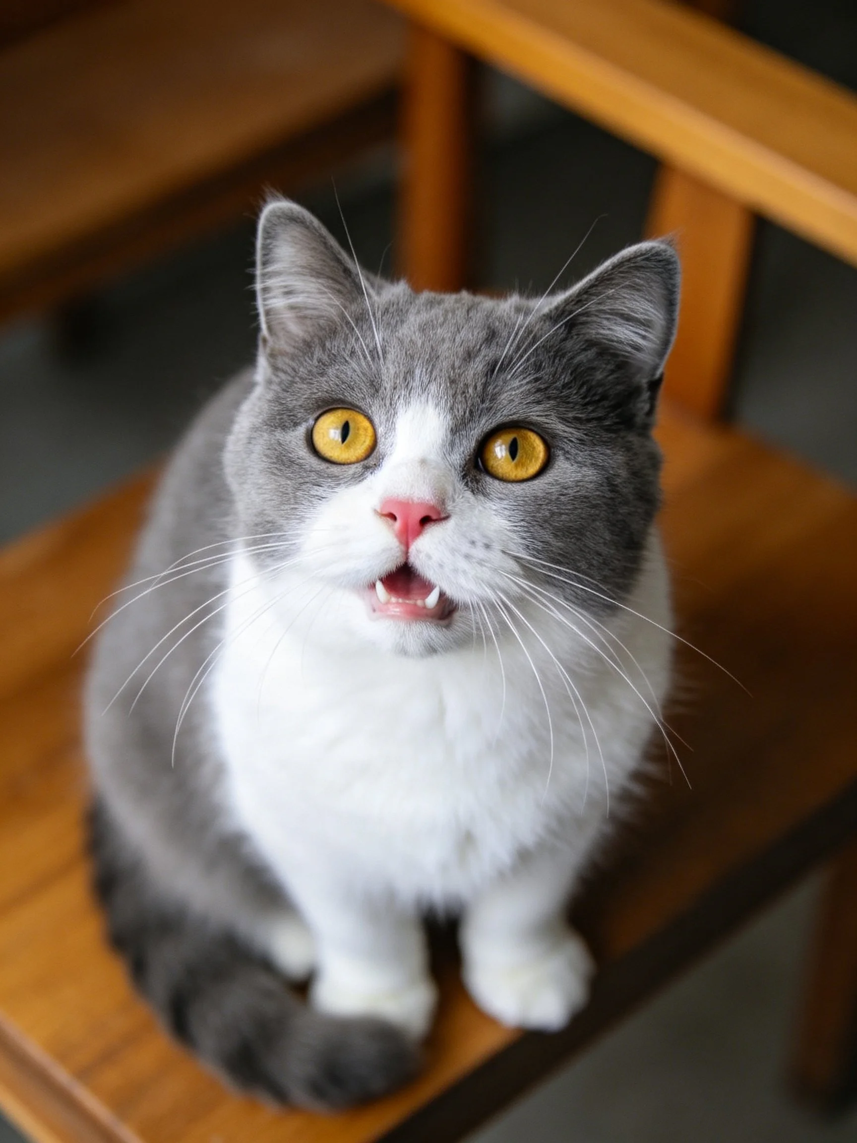 A gray and white cat with yellow eyes sits on a wooden chair