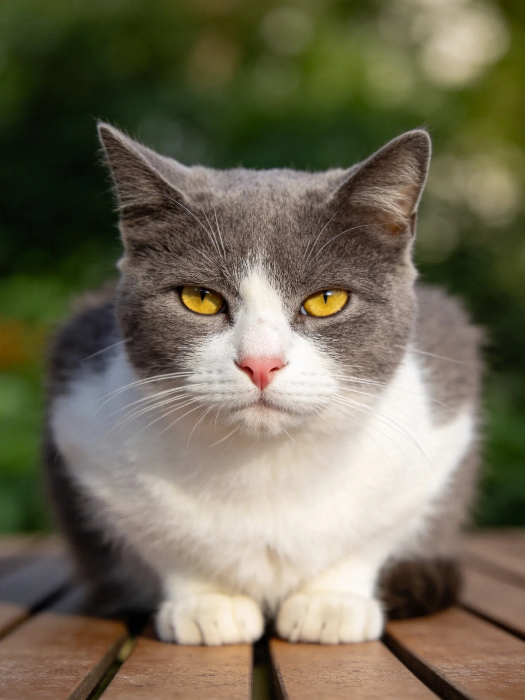 A gray and white cat with yellow eyes sits calmly on a wooden surface with greenery in the background.