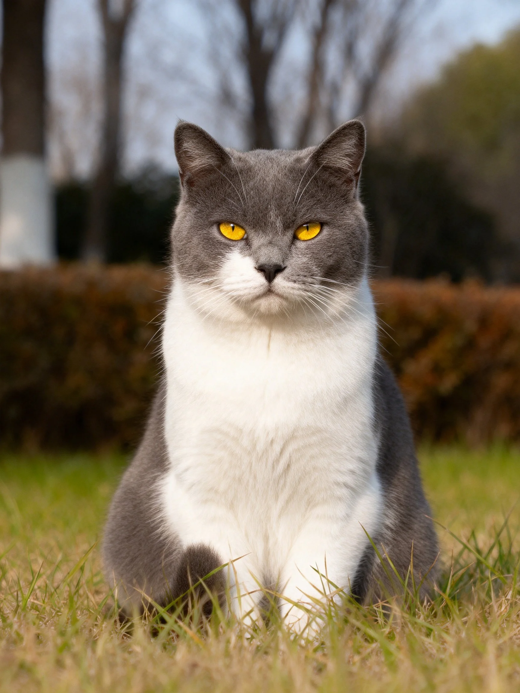 A gray and white cat with yellow eyes sits calmly on grass in an outdoor environment