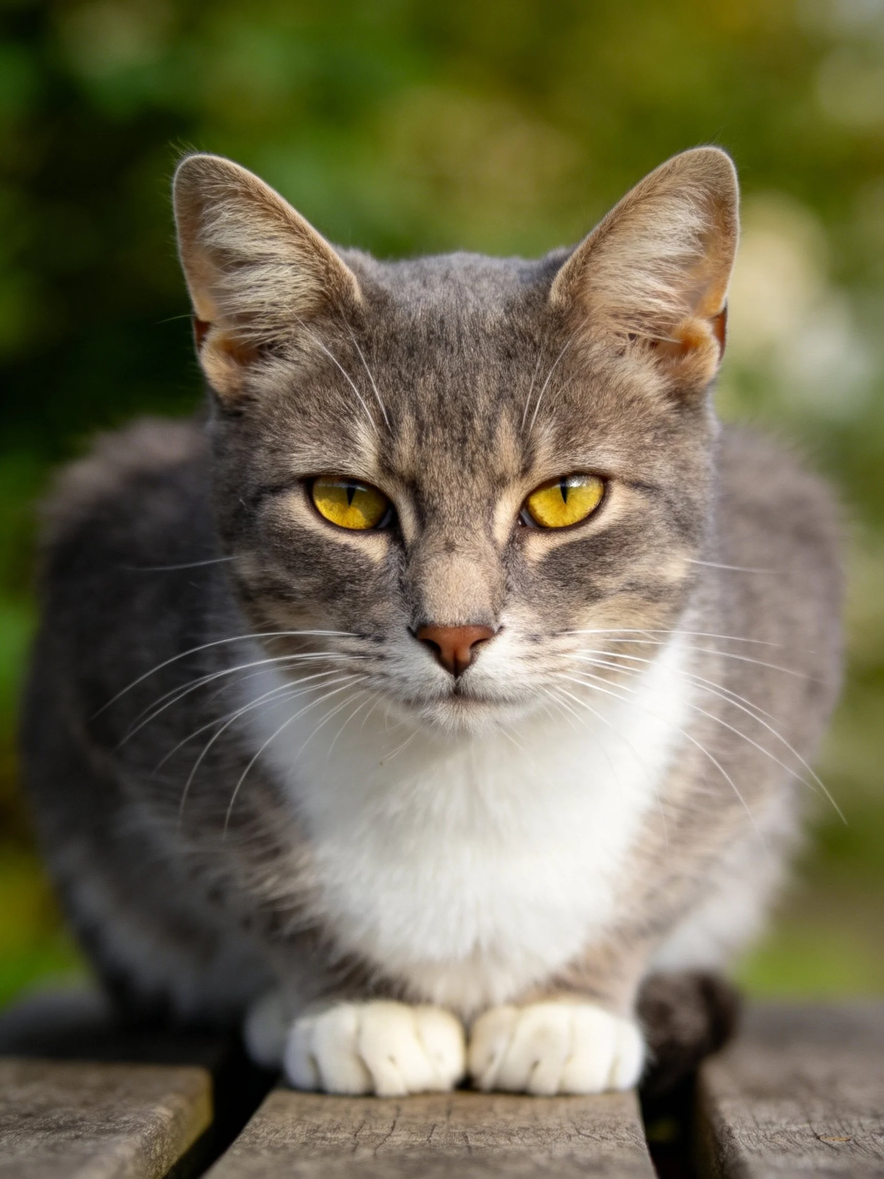 A gray and white cat with yellow eyes rests on wooden planks outdoors.