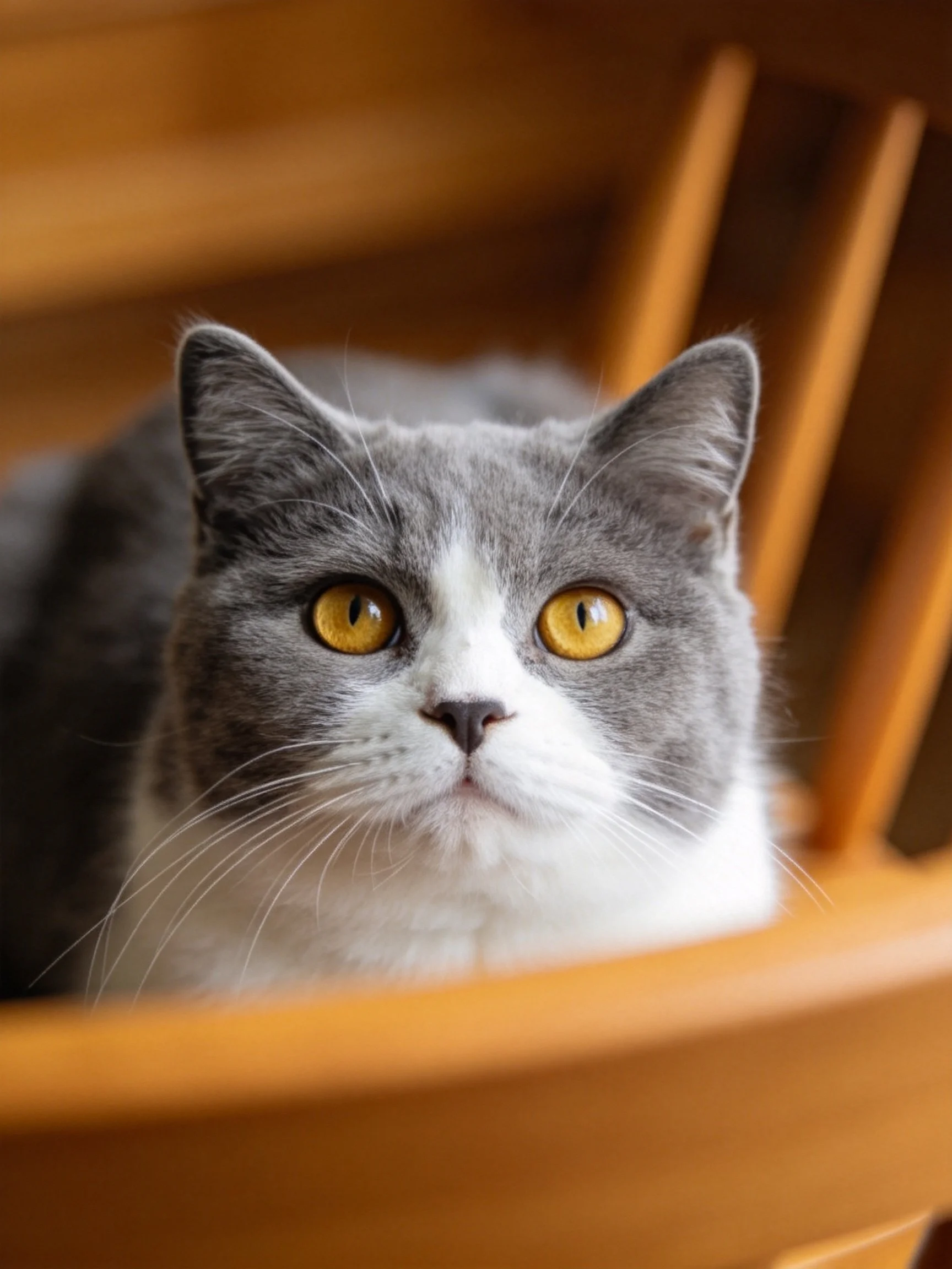 A gray and white cat with golden eyes sits calmly inside a wooden chair.