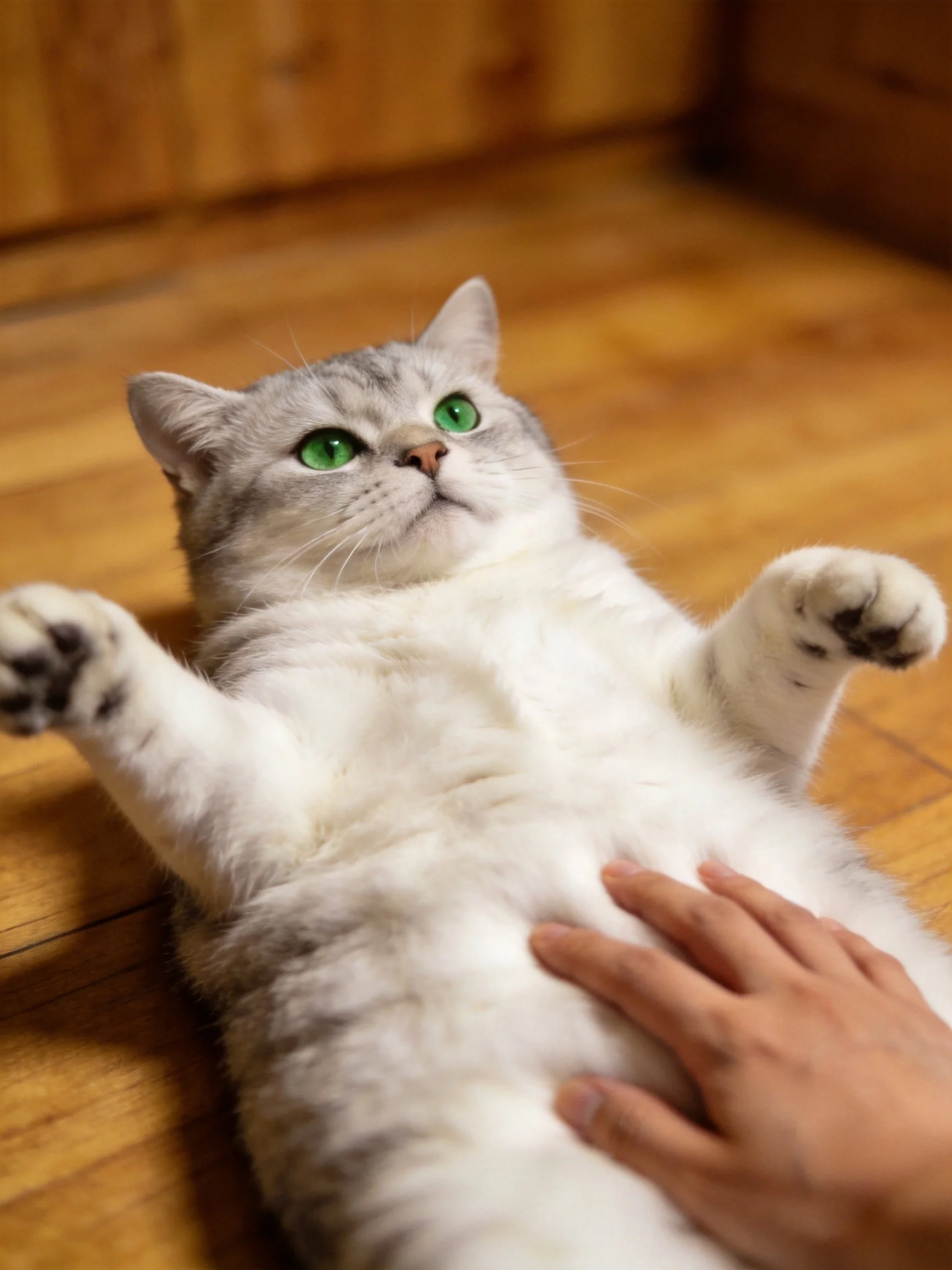 A gray and white cat lies on its back while receiving attention from a hand.