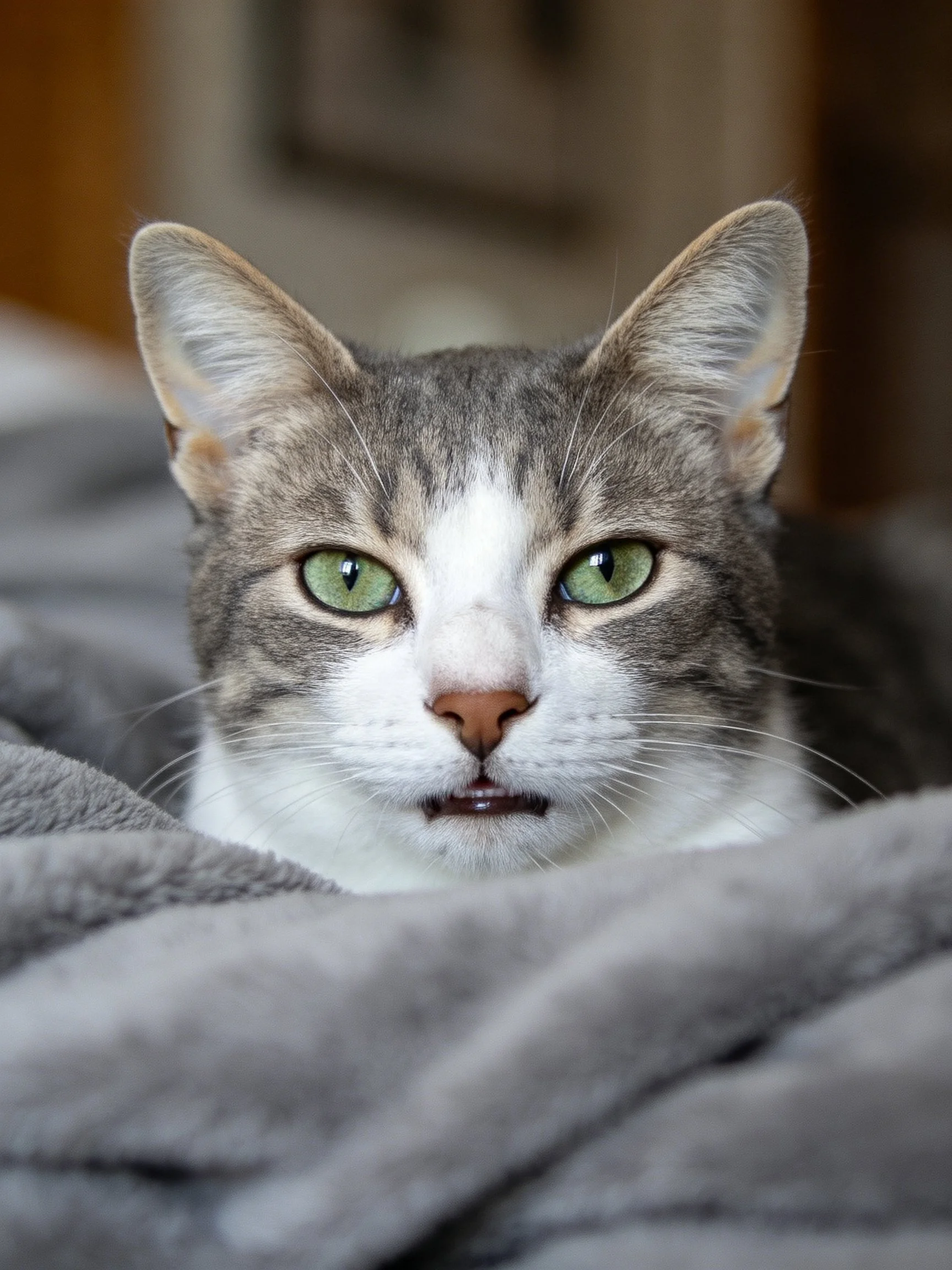 A gray-and-white cat with green eyes rests on a soft gray blanket.