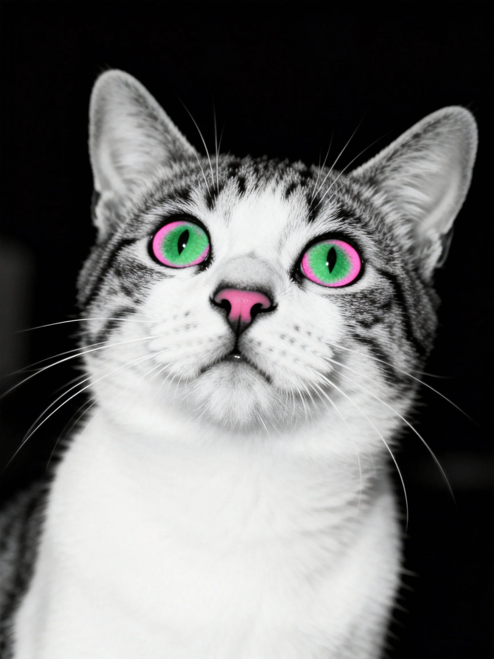 A gray and white cat with neon green and pink eyes