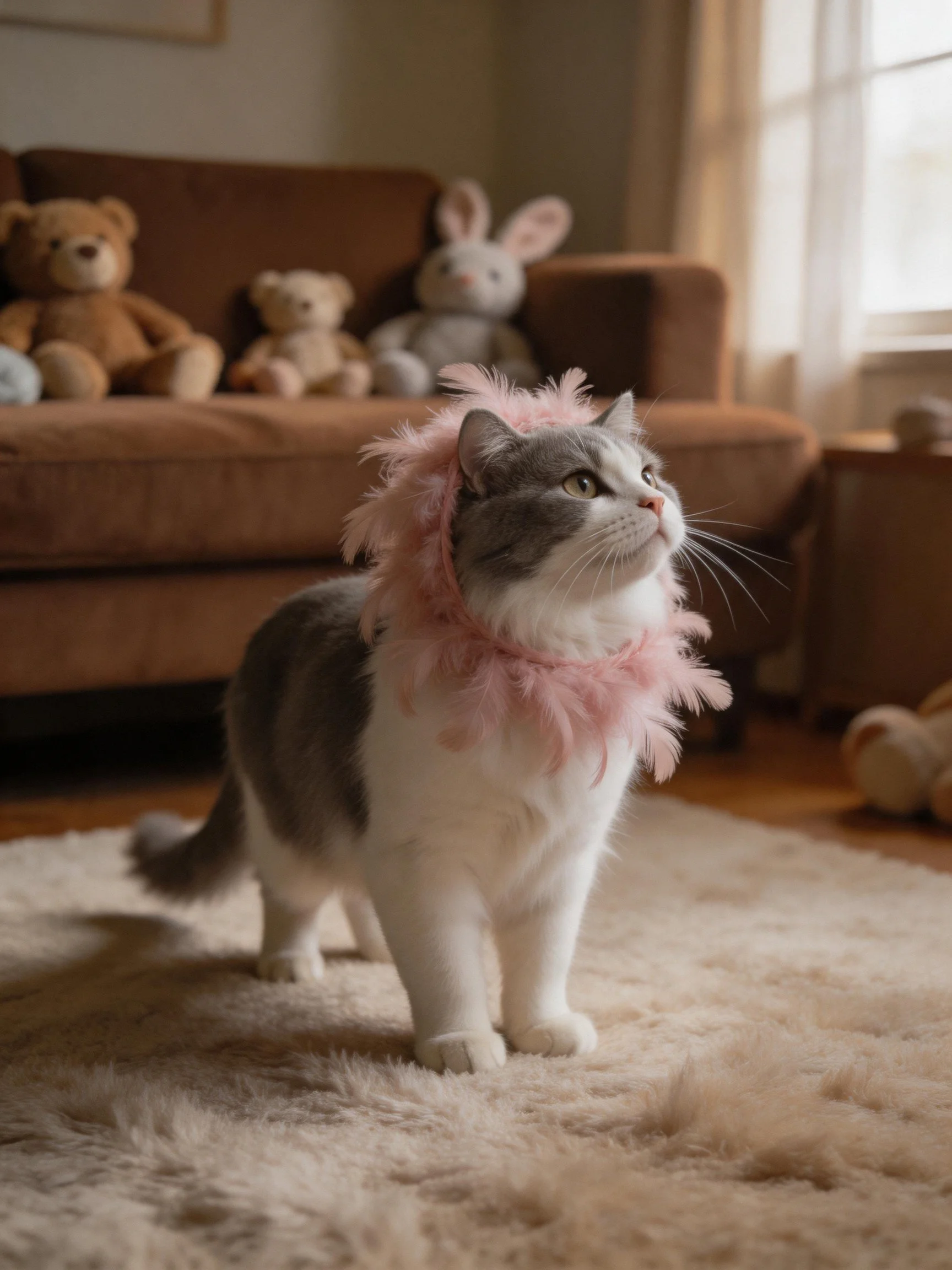 A gray-and-white cat wearing pink feather accessories stands near a brown sofa with plush toys.