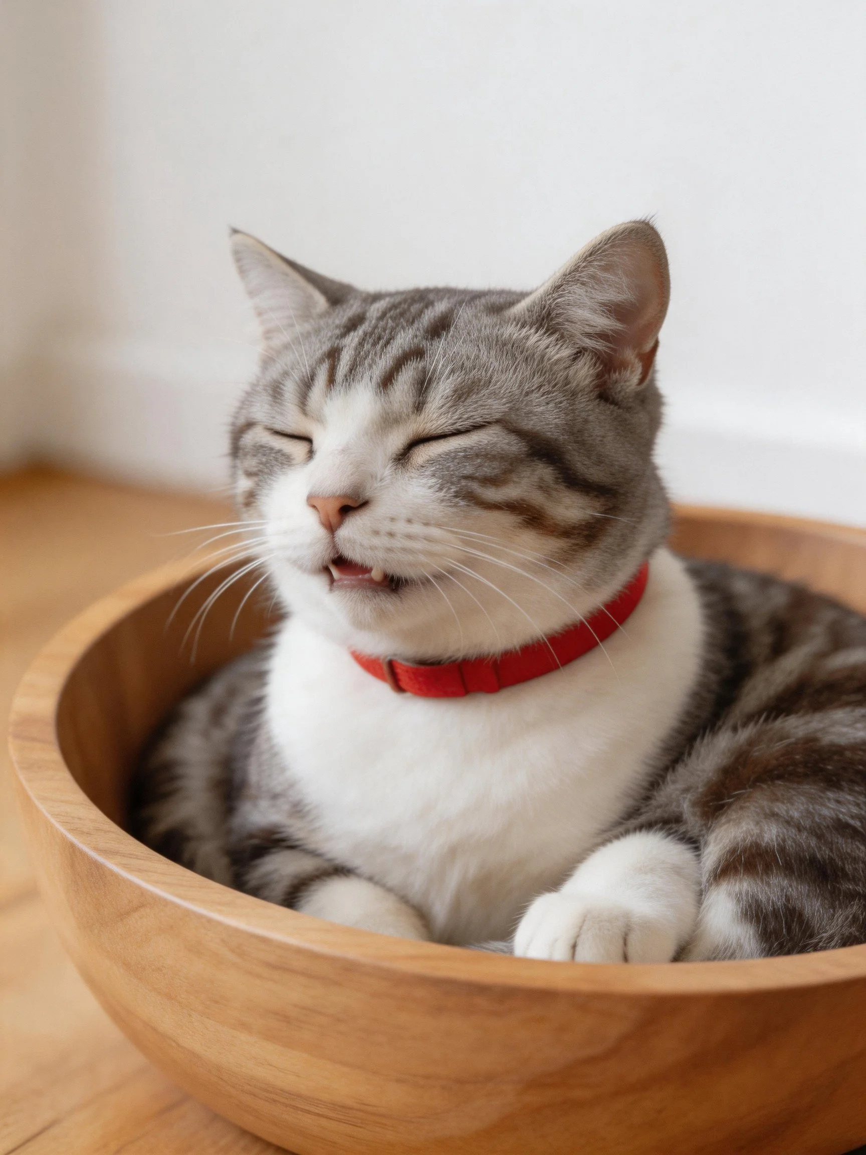 A gray and white cat with a red collar relaxes in a wooden bowl.