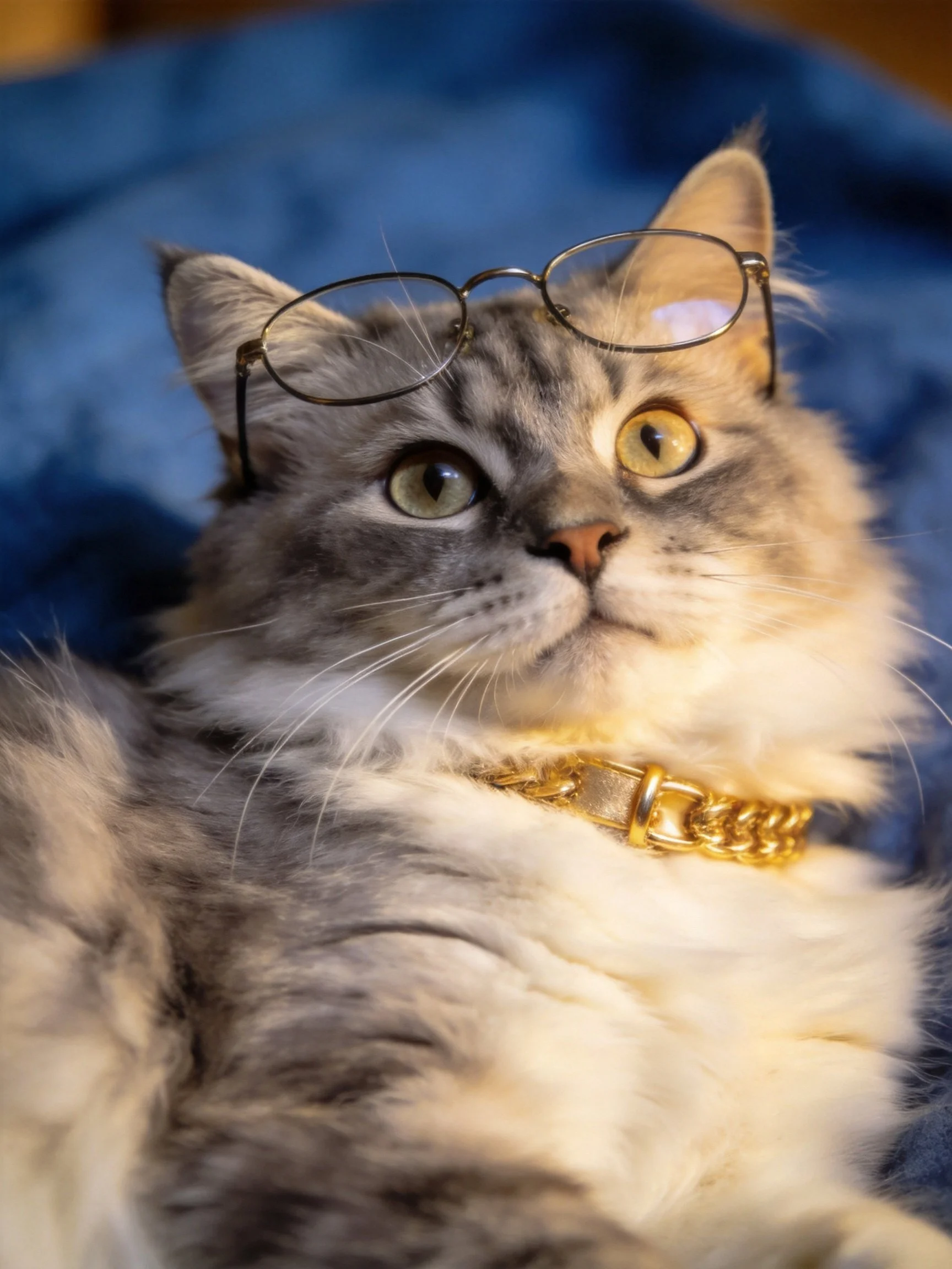 A gray and white cat with round glasses and a gold collar on blue fabric