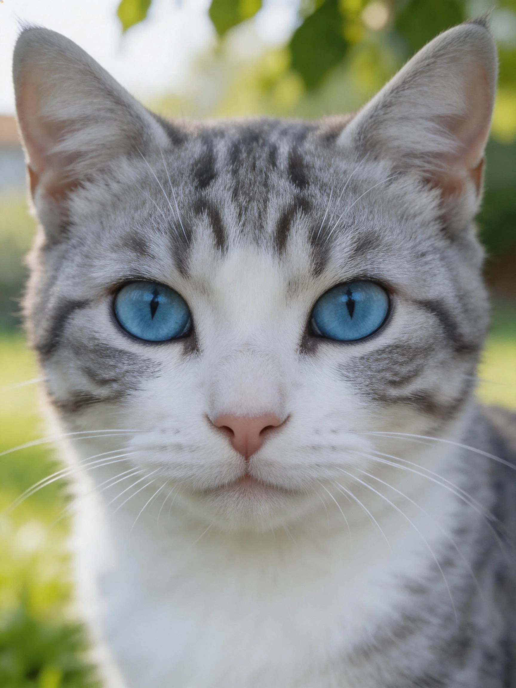 A gray-and-white cat with striking blue eyes in an outdoor setting
