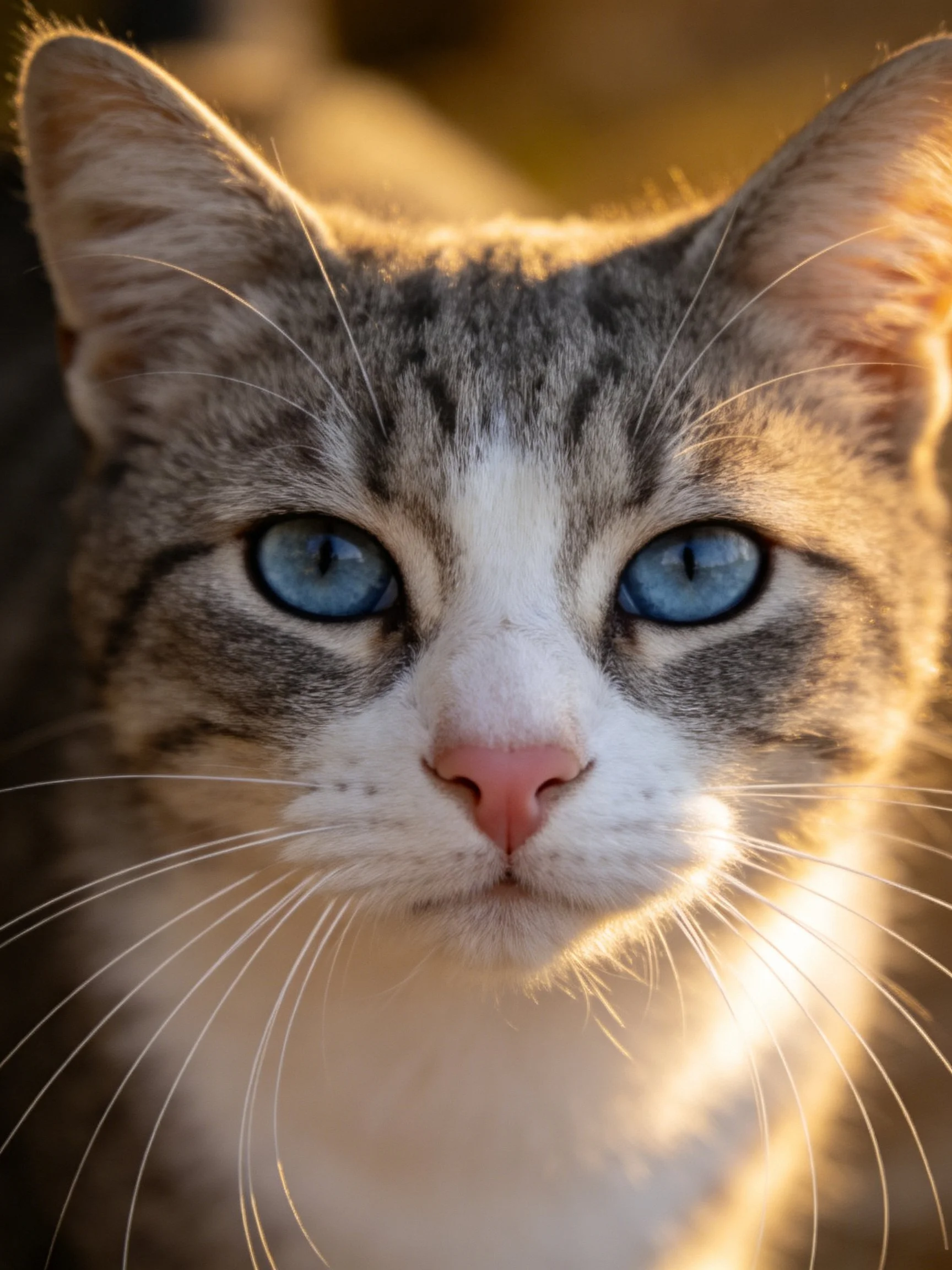 A gray and white cat with striking blue eyes in warm light