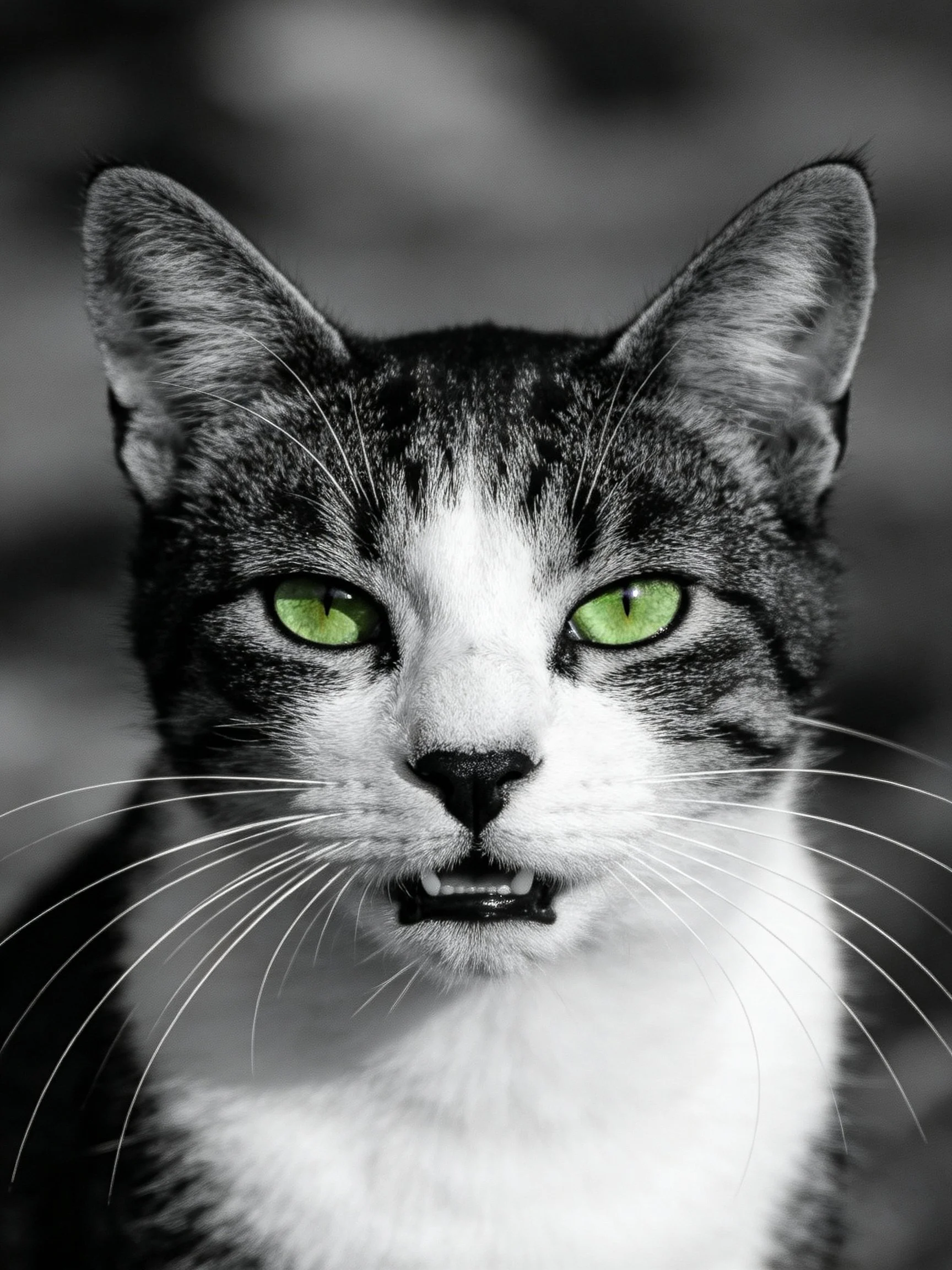 A gray and white cat with striking green eyes