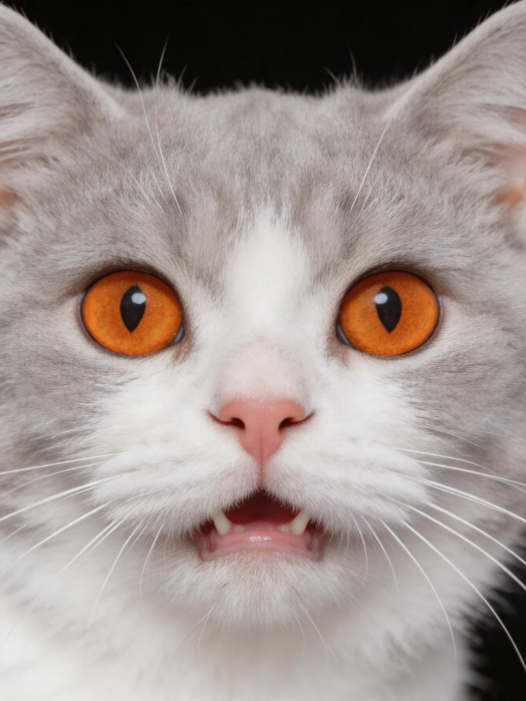 A gray and white cat with striking orange eyes and pink nose