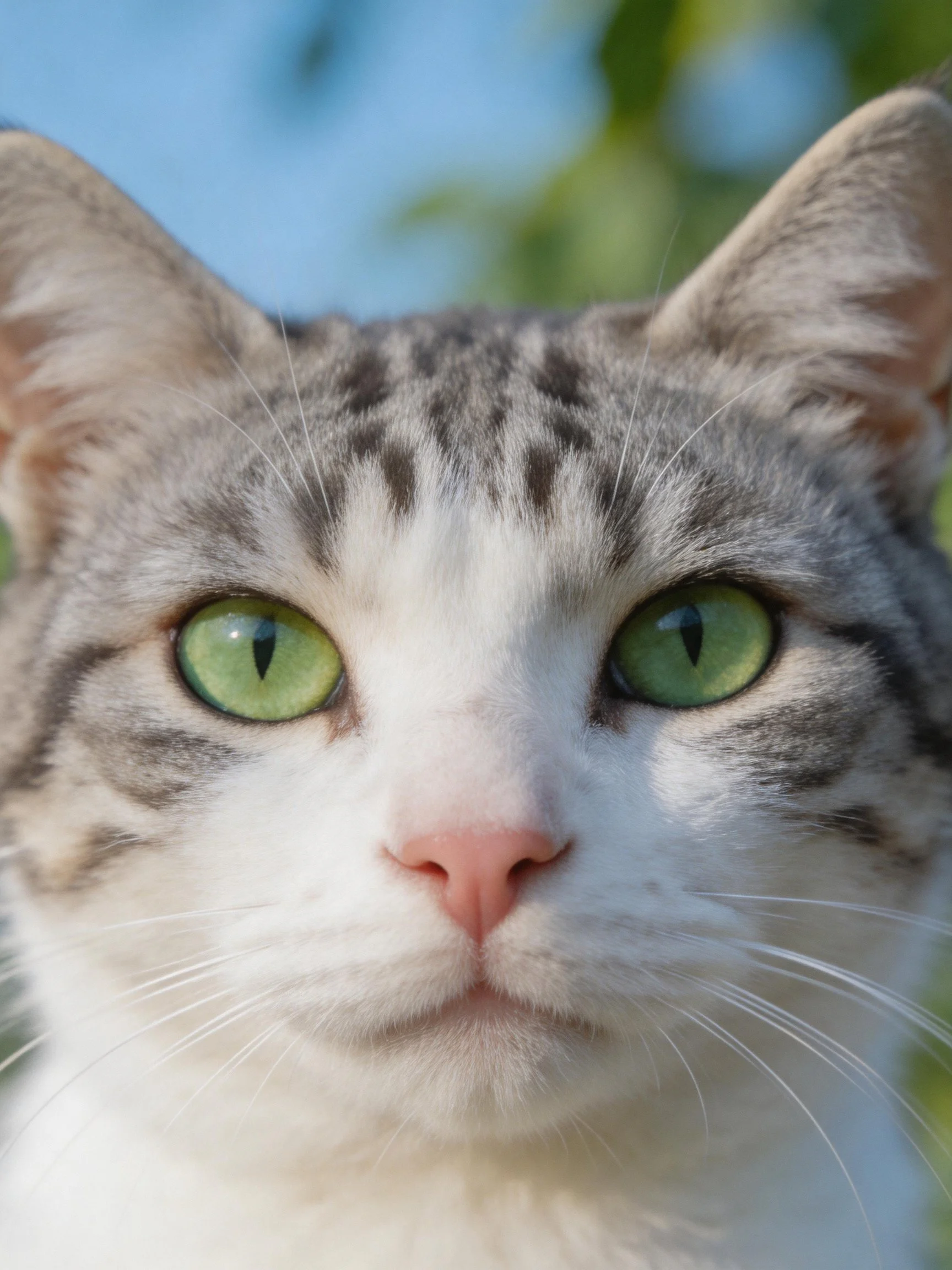 A close - up of a gray and white cat with striking green eyes.